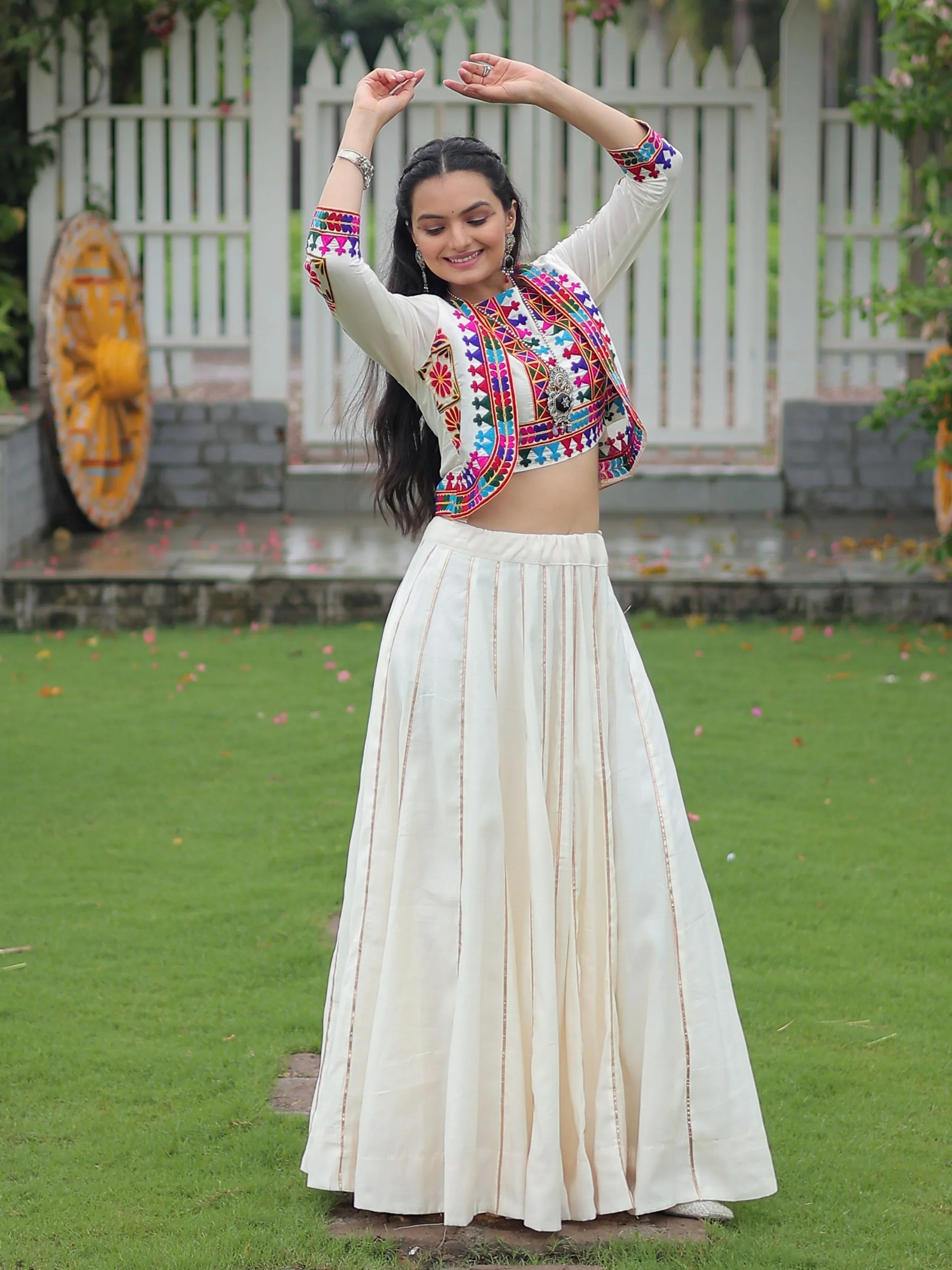 Off white Kutchi Gamthi embroidered Gota Patti lace lehenga choli with koti