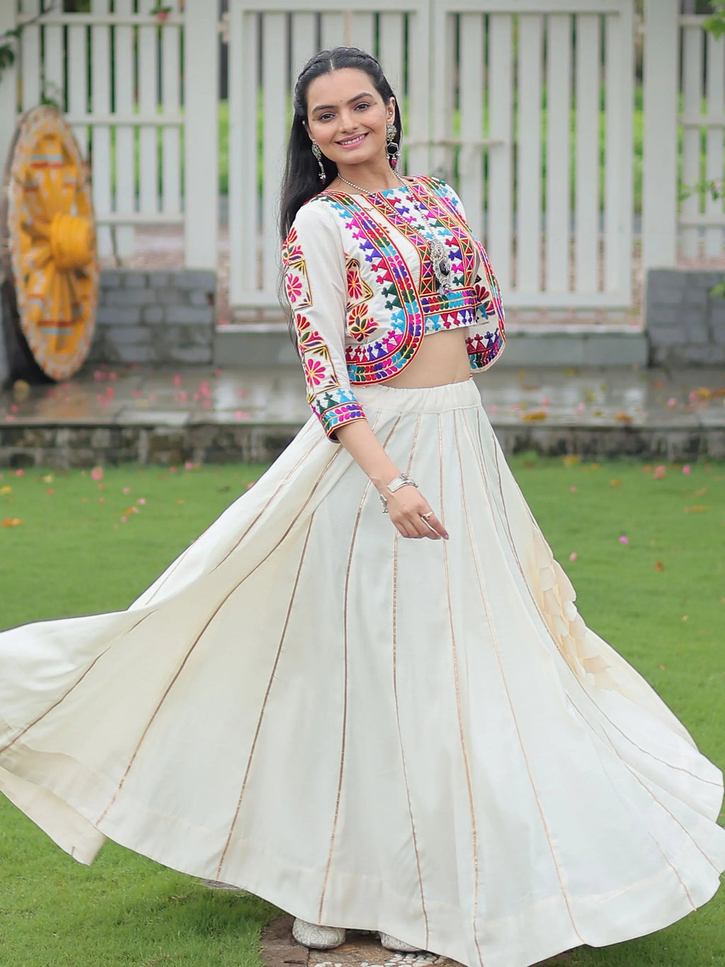Off white Kutchi Gamthi embroidered Gota Patti lace lehenga choli with koti