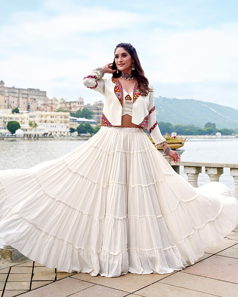 Off-white pure rayon lehenga with mirror Gamthi work blouse and koti