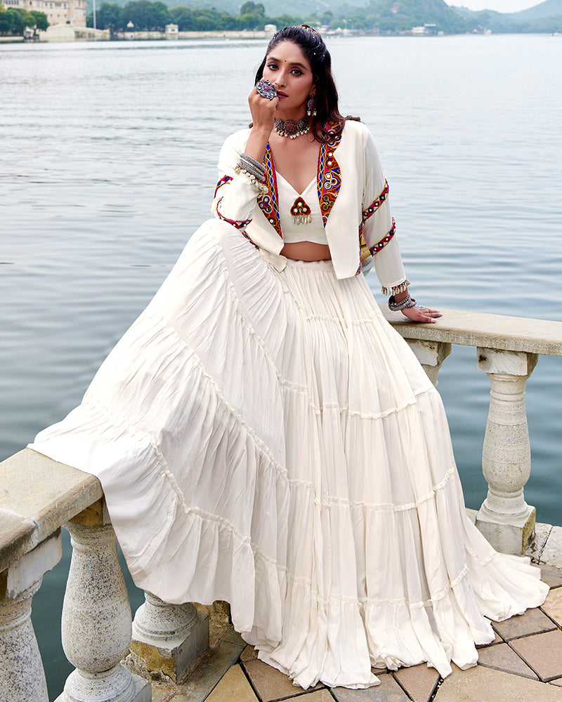 Off-white pure rayon lehenga with mirror Gamthi work blouse and koti
