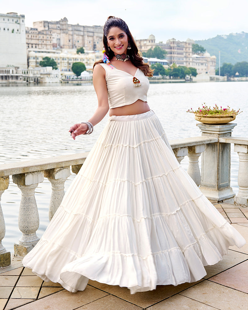 Off-white pure rayon lehenga with mirror Gamthi work blouse and koti