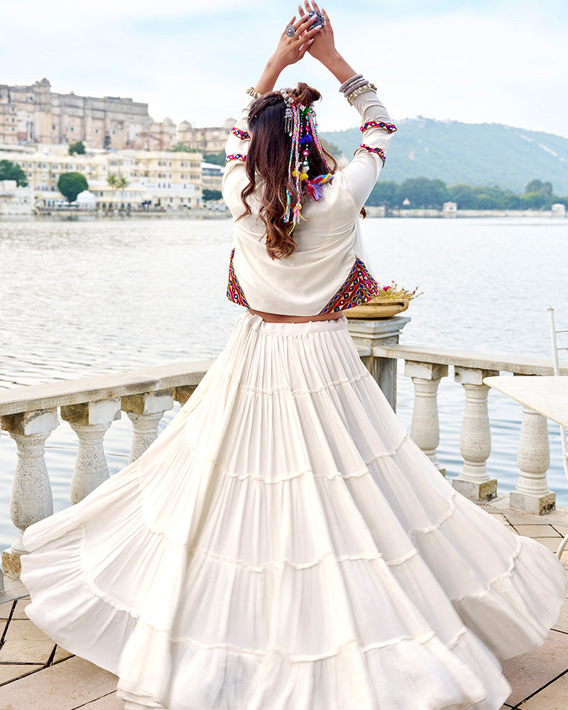 Off-white pure rayon lehenga with mirror Gamthi work blouse and koti
