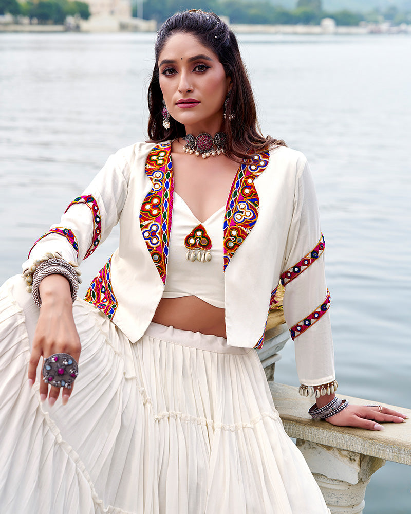 Off-white pure rayon lehenga with mirror Gamthi work blouse and koti