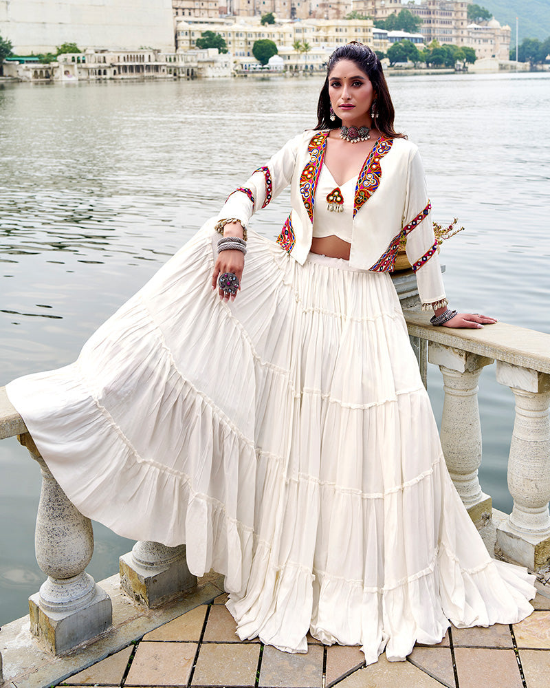 Off-white pure rayon lehenga with mirror Gamthi work blouse and koti