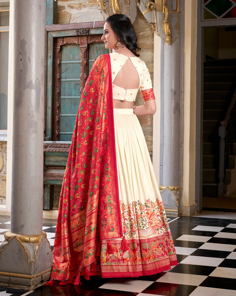 Off-white silk printed Foli work semi-stitched half saree lehenga