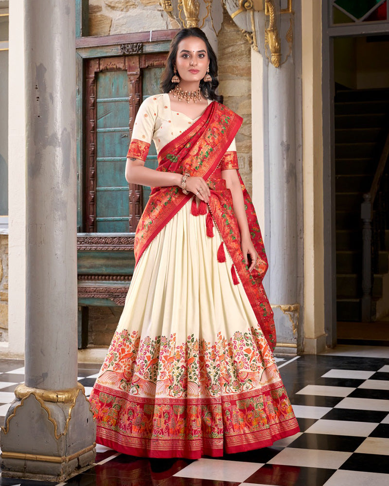 Off-white silk printed Foli work semi-stitched half saree lehenga