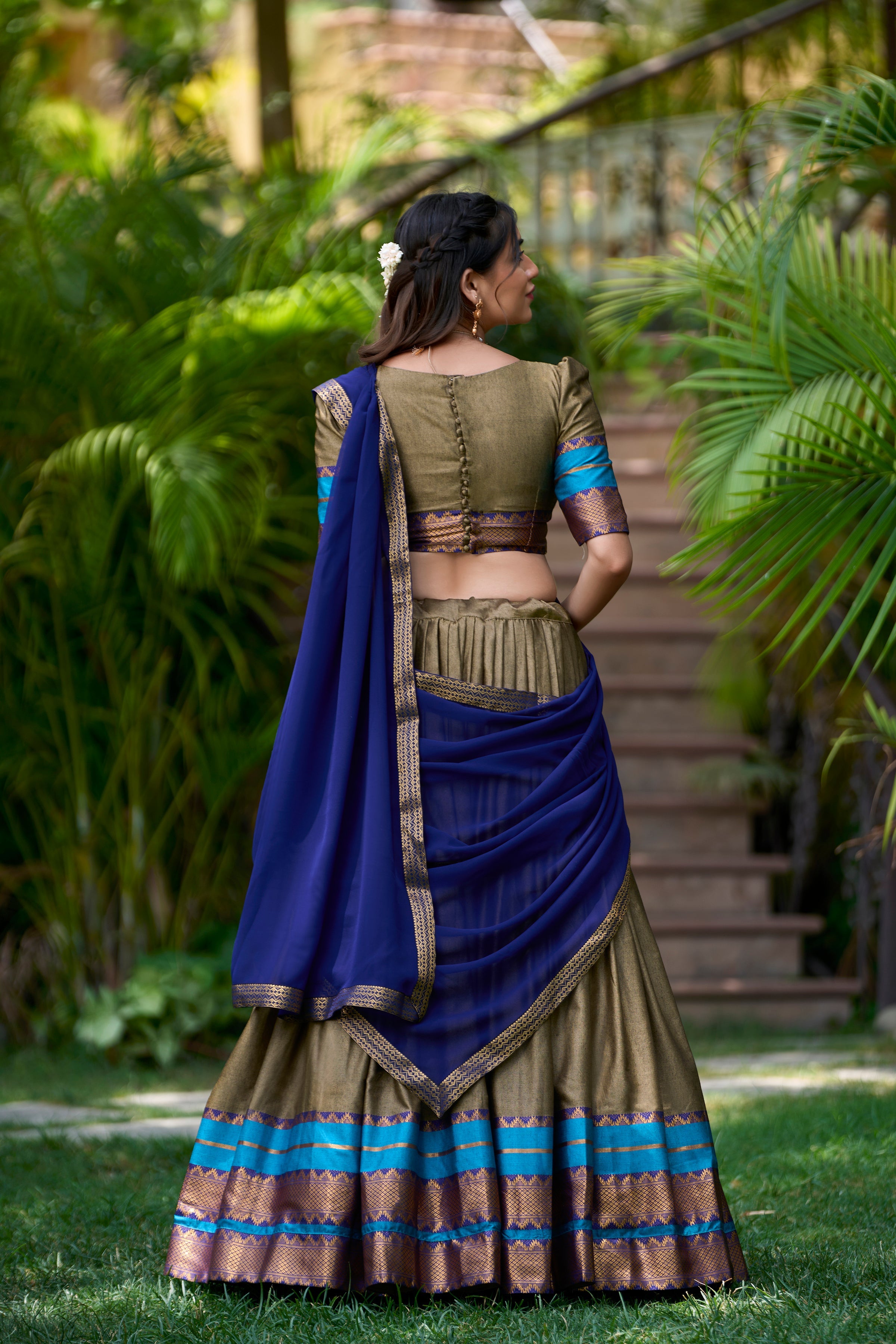 Olive poly cotton zari weaving half saree lehenga choli set