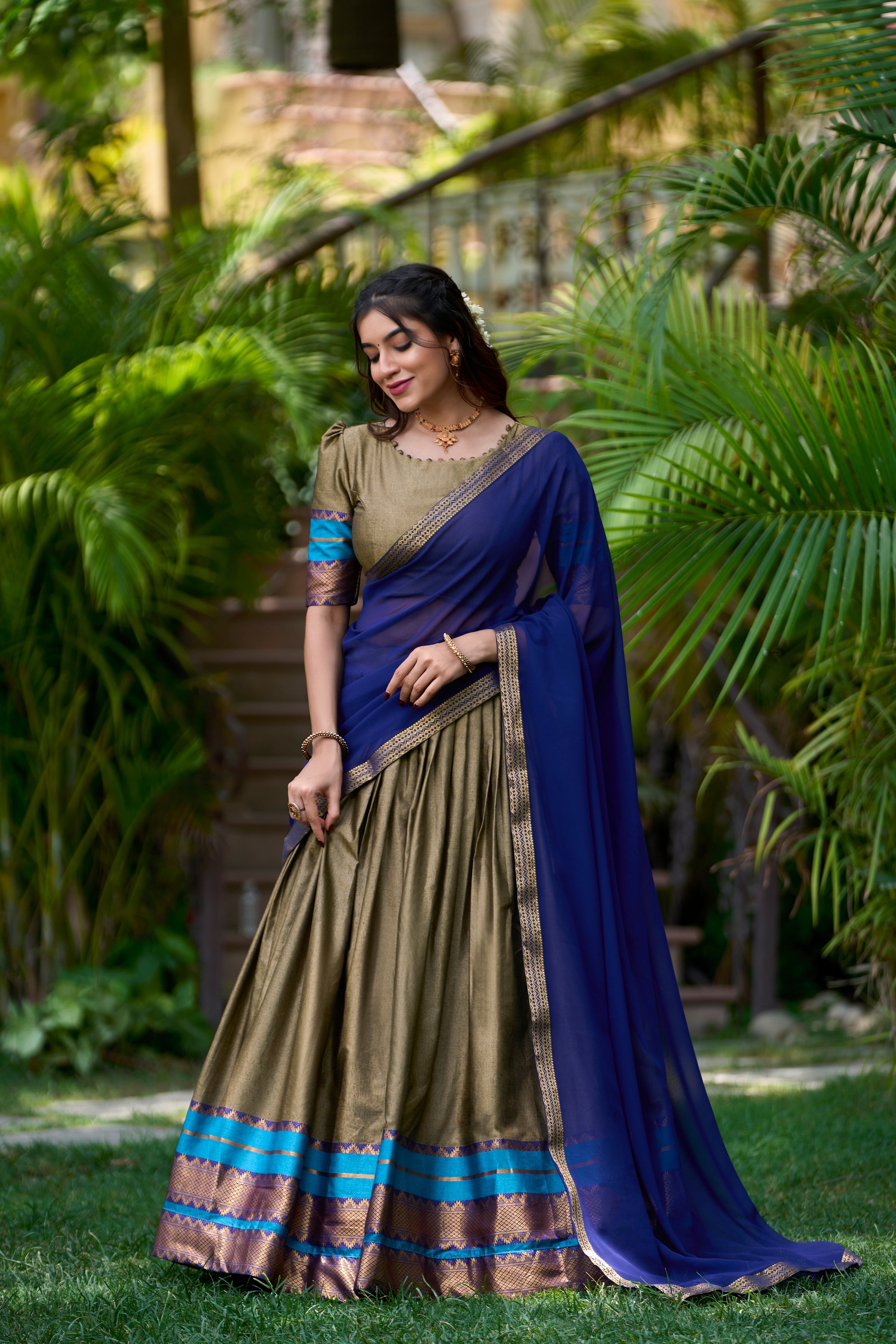 Olive poly cotton zari weaving half saree lehenga choli set