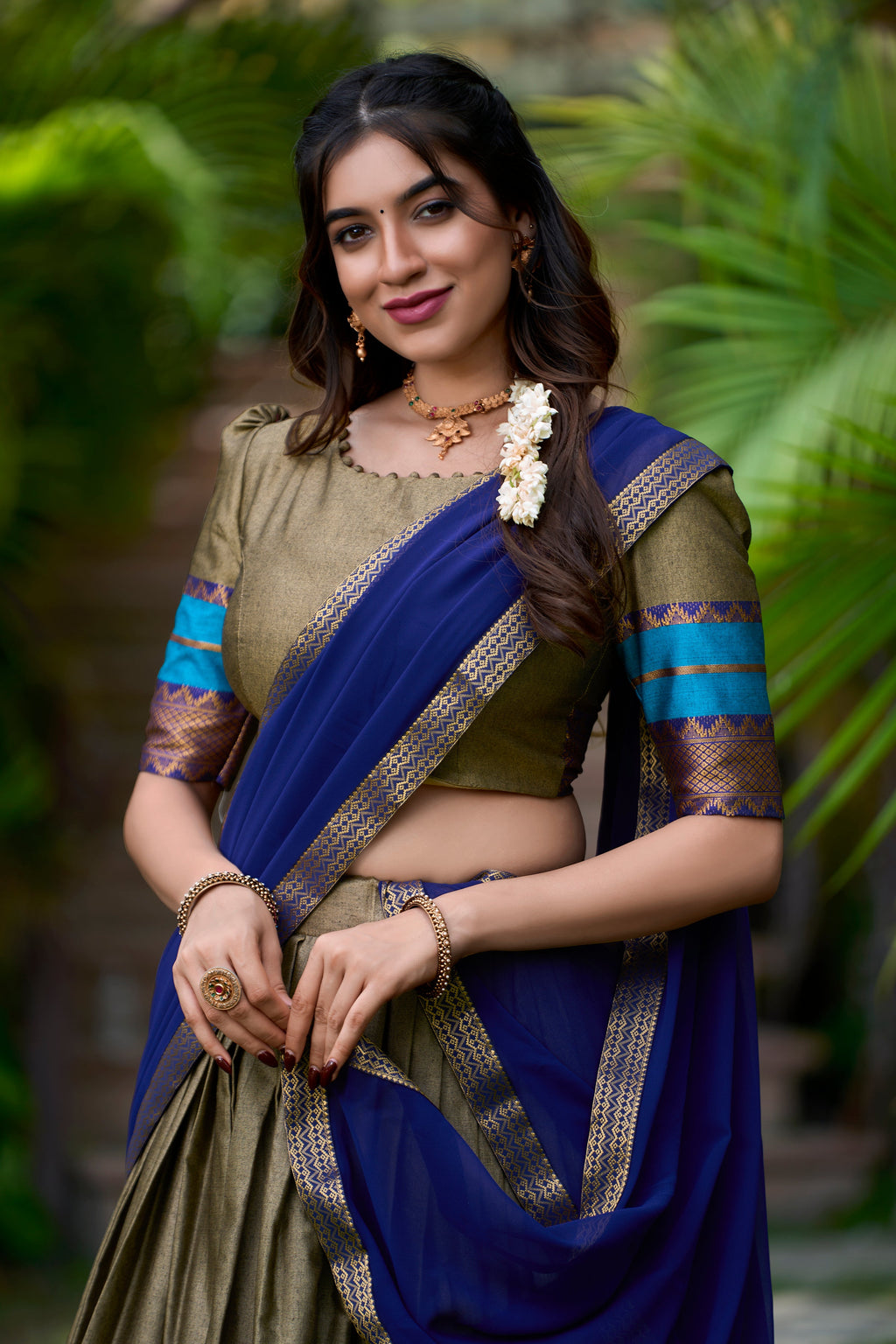 Olive poly cotton zari weaving half saree lehenga choli set