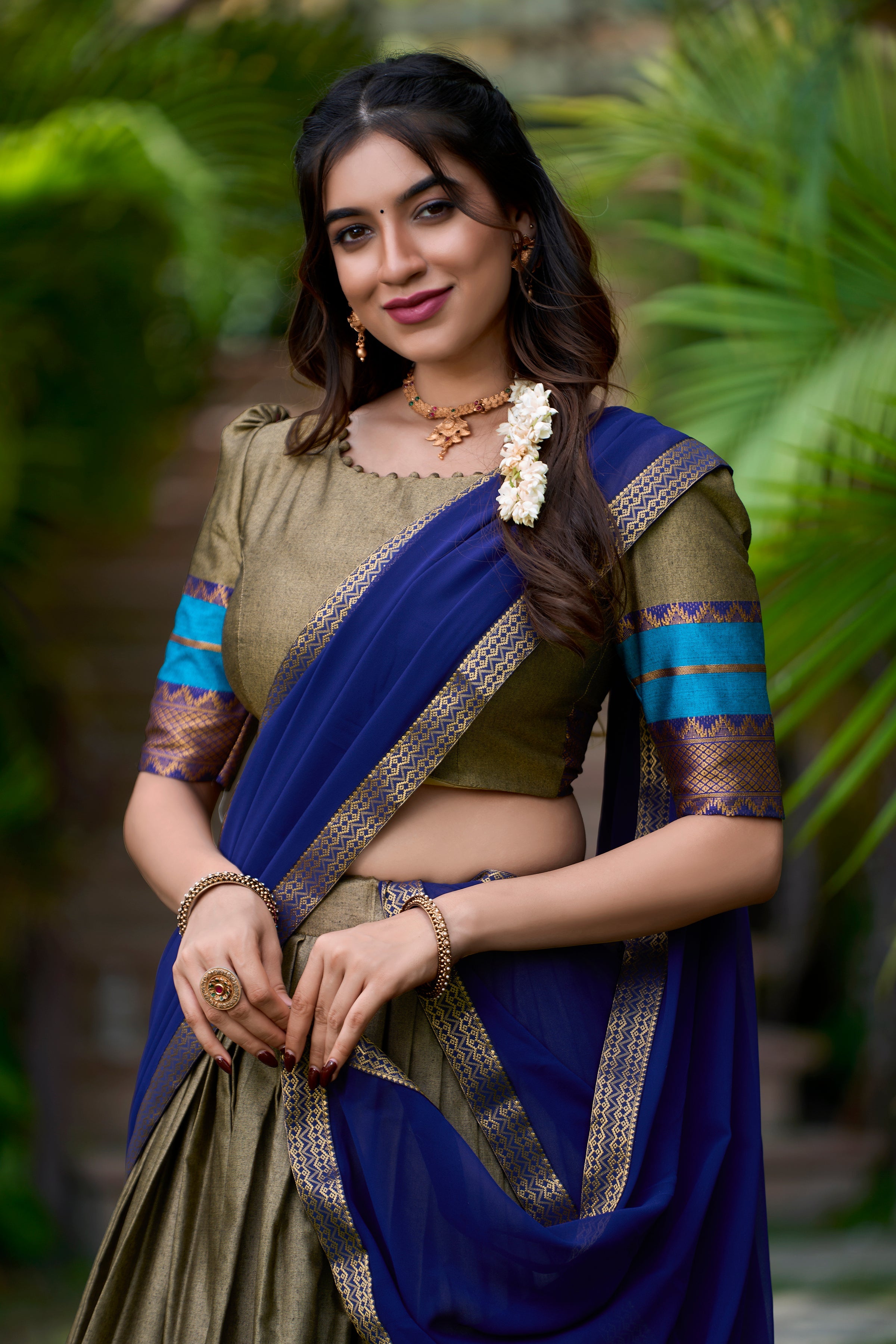 Olive poly cotton zari weaving half saree lehenga choli set