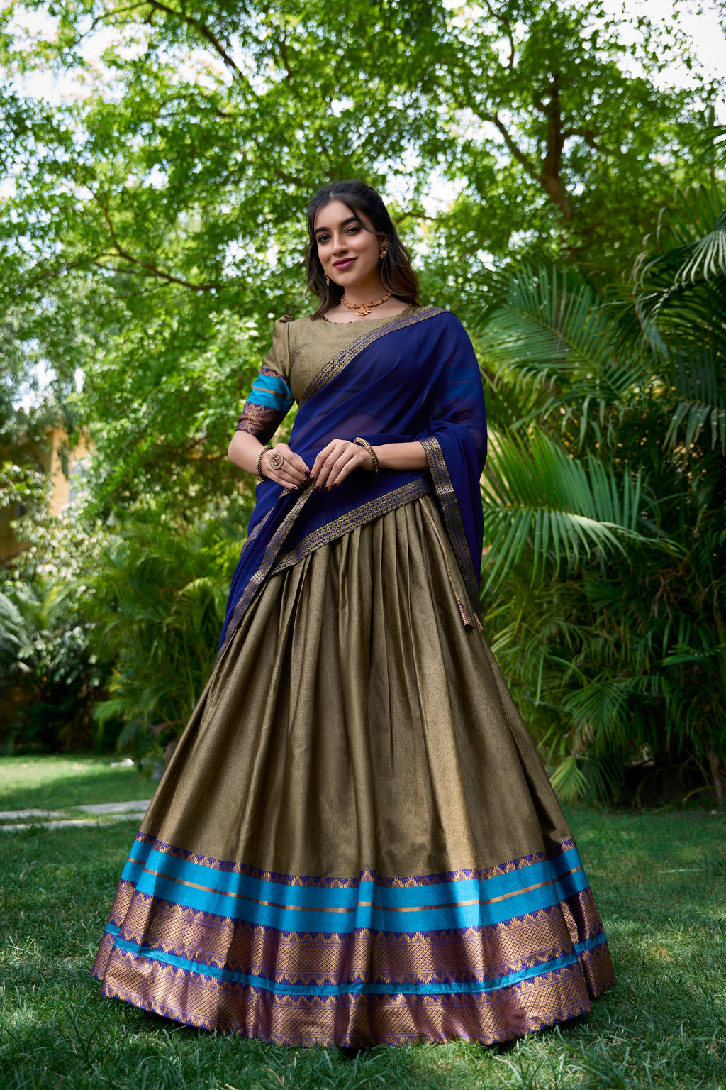 Olive poly cotton zari weaving half saree lehenga choli set