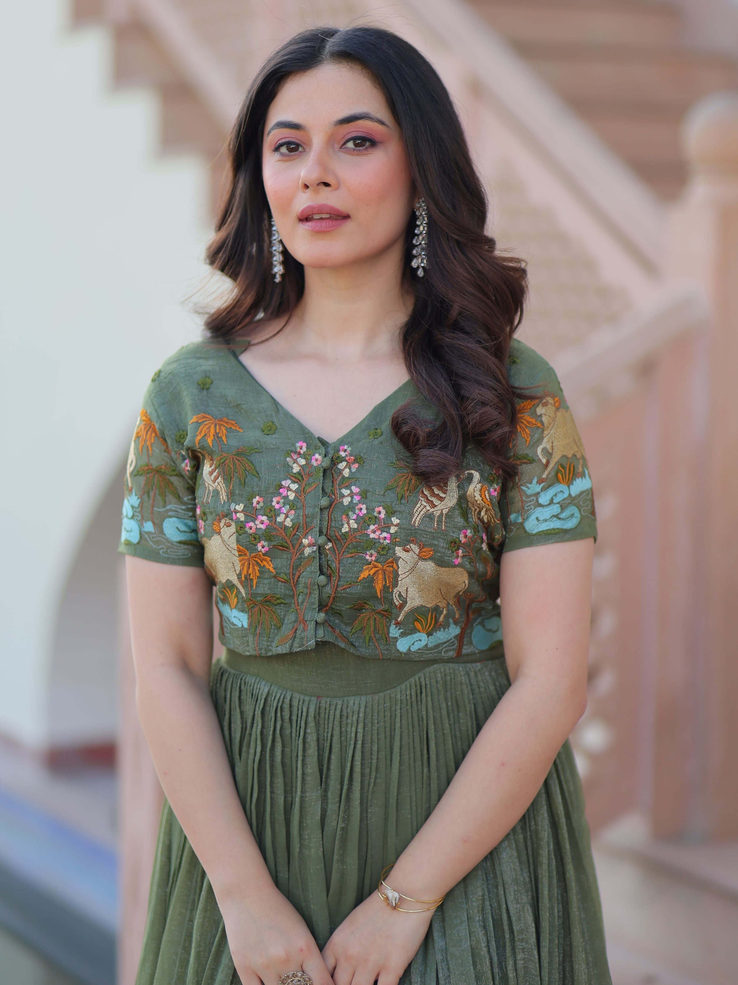 Olive green organza embroidered gown with koti