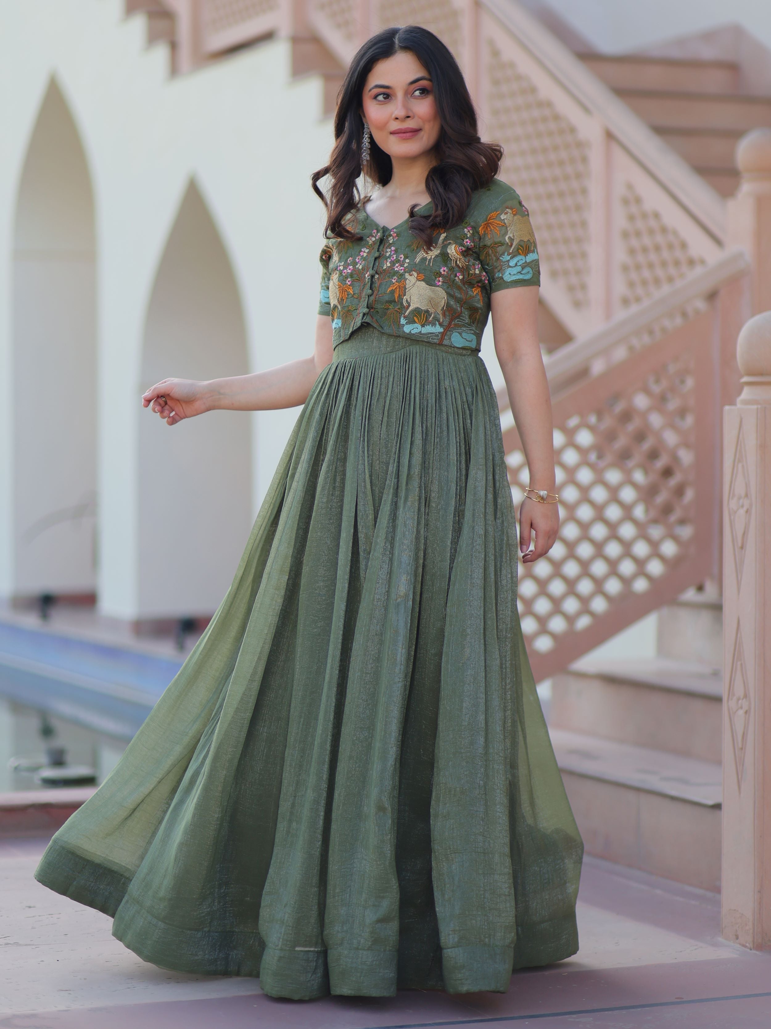 Olive green organza embroidered gown with koti
