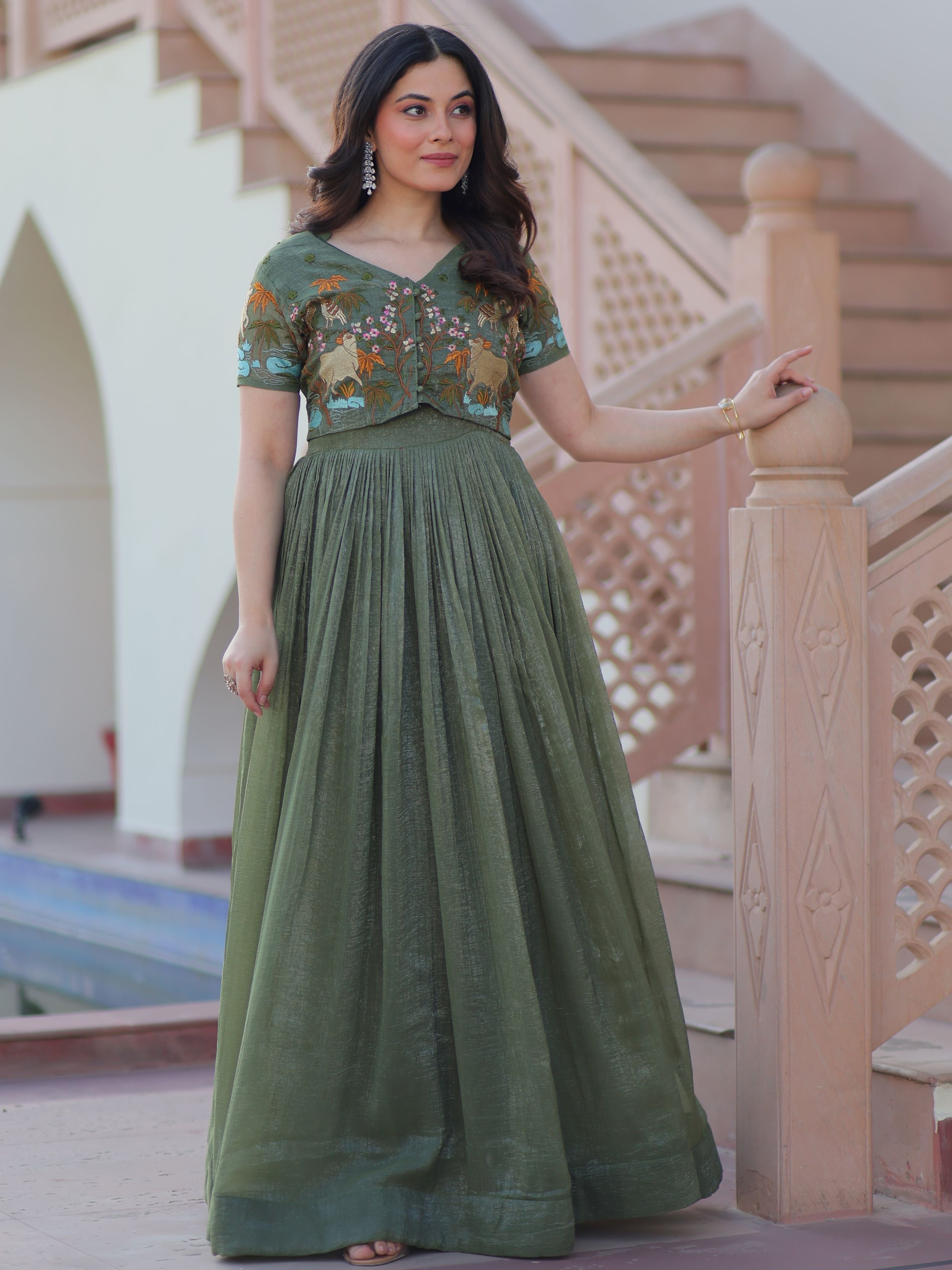 Olive green organza embroidered gown with koti