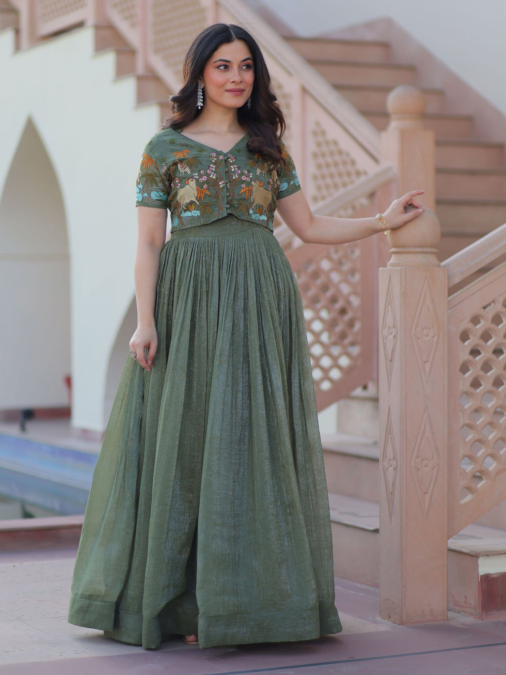 Olive green organza embroidered gown with koti