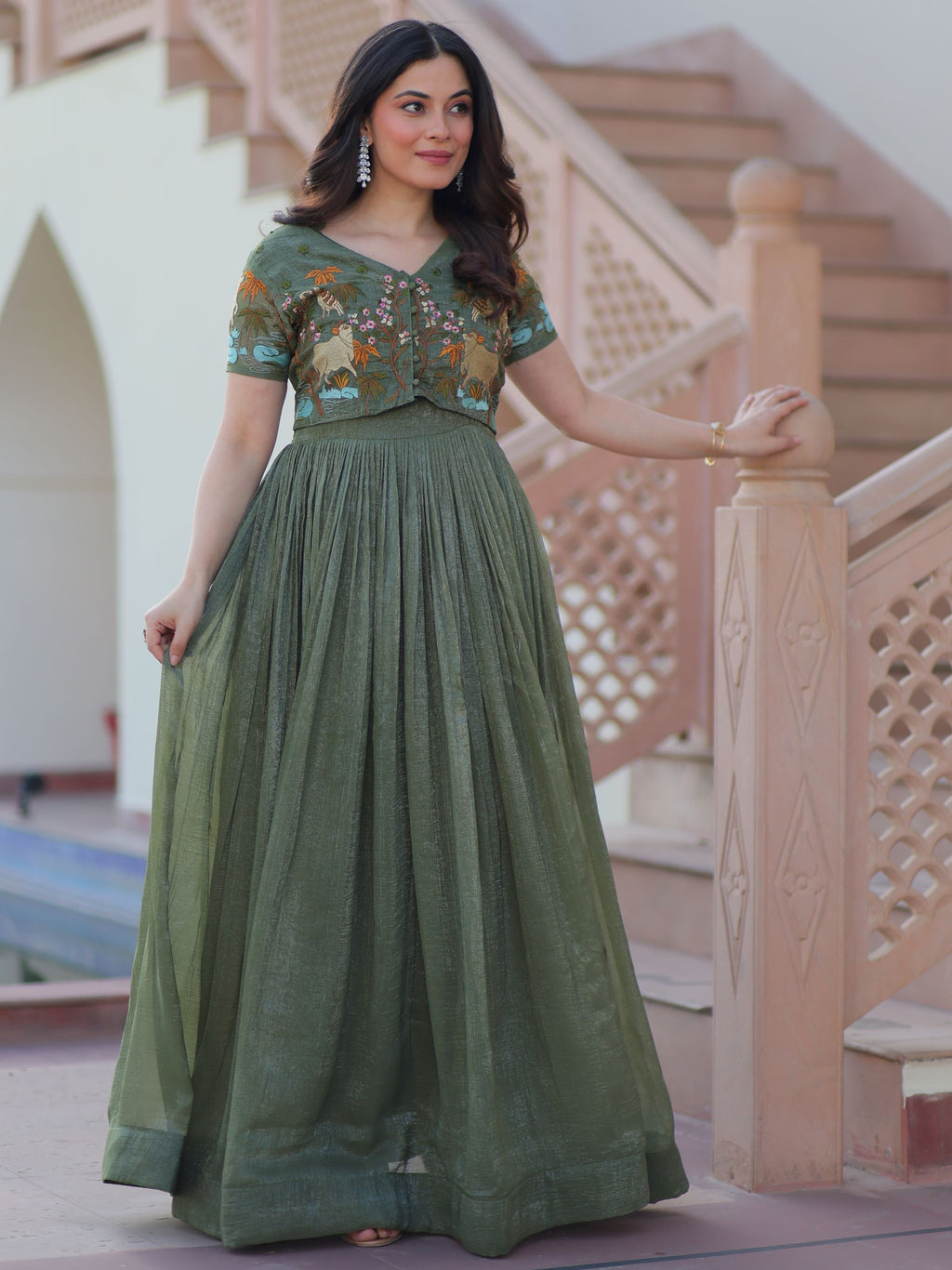 Olive green organza embroidered gown with koti