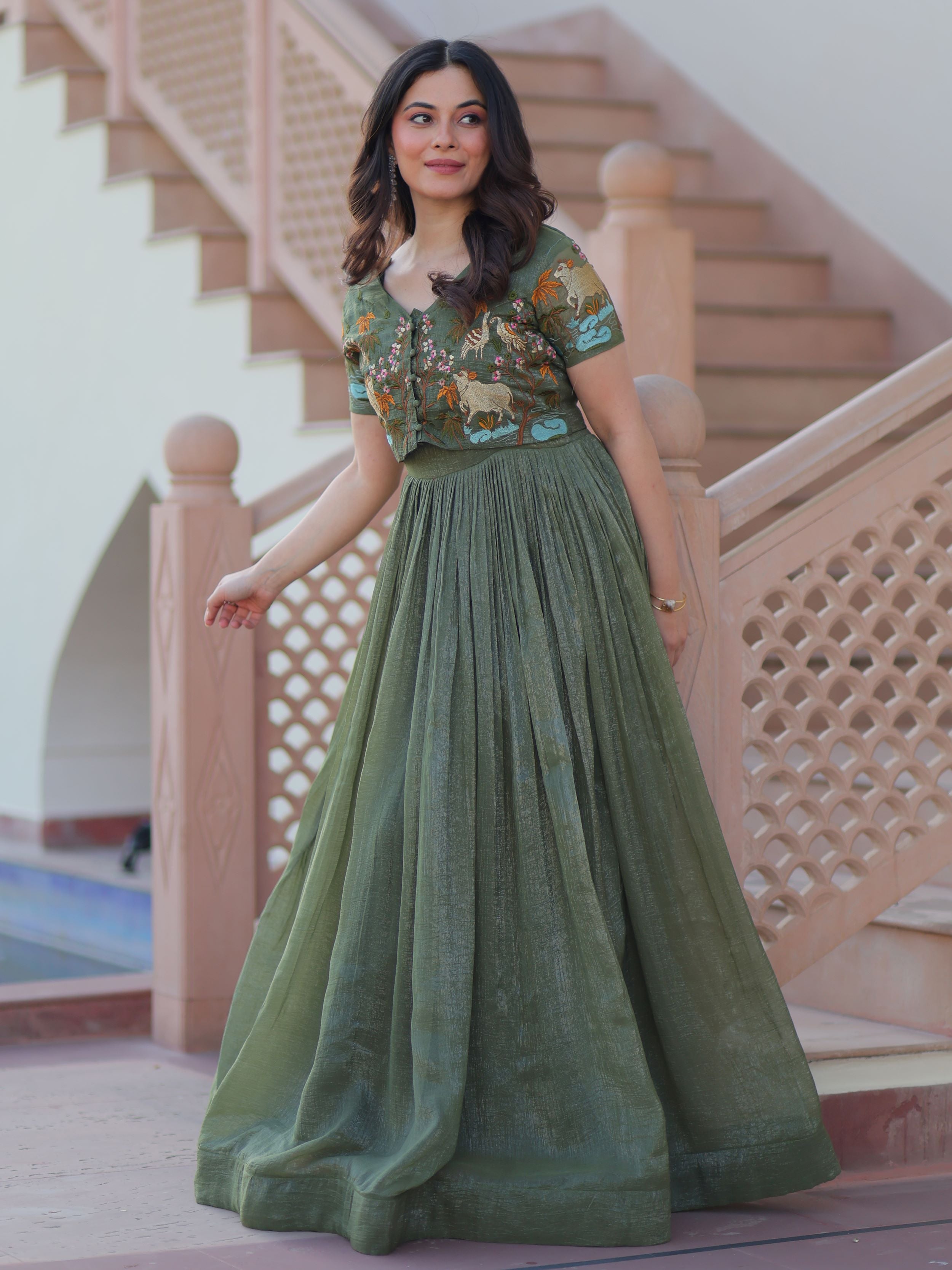 Olive green organza embroidered gown with koti