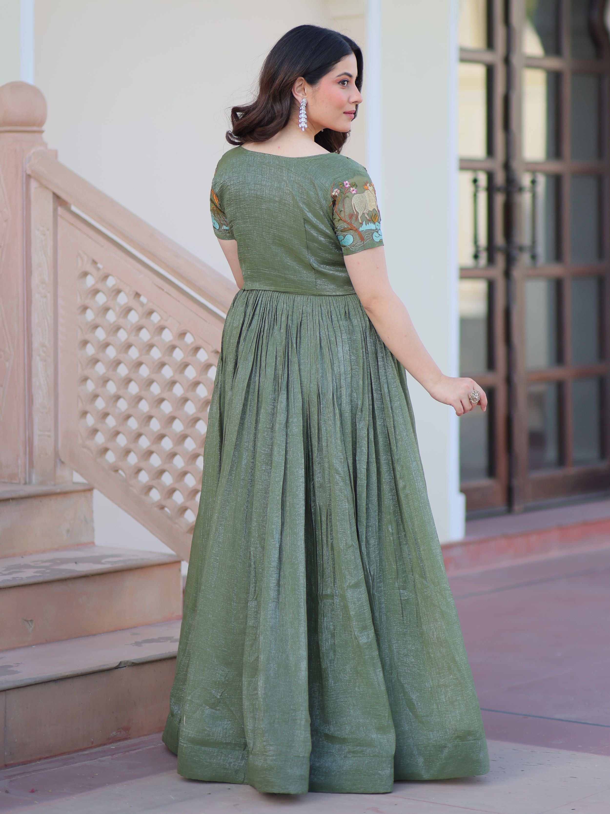 Olive green organza embroidered gown with koti