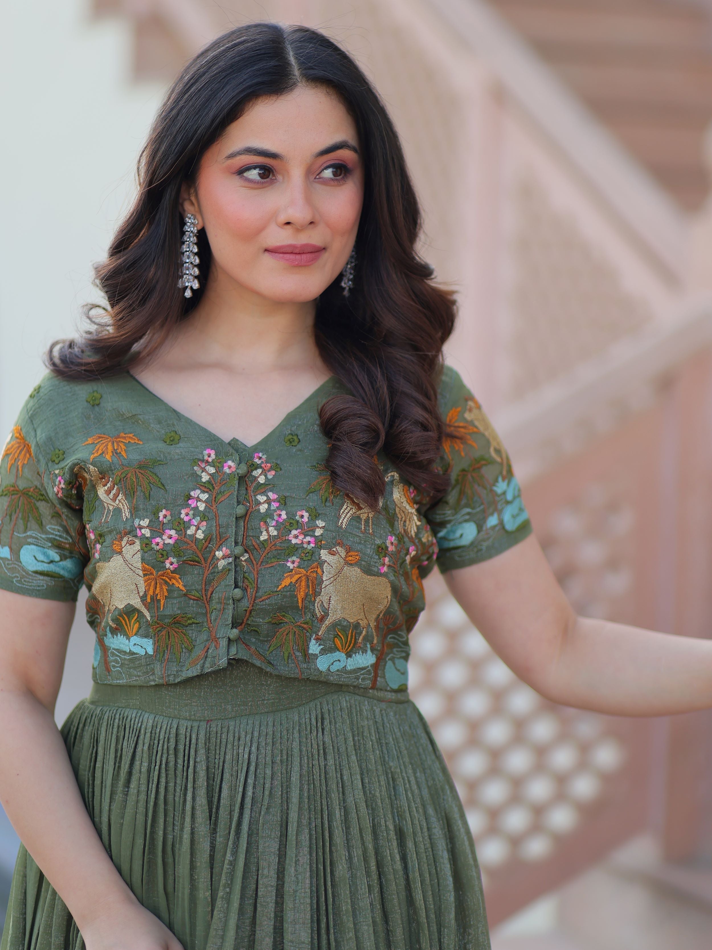 Olive green organza embroidered gown with koti