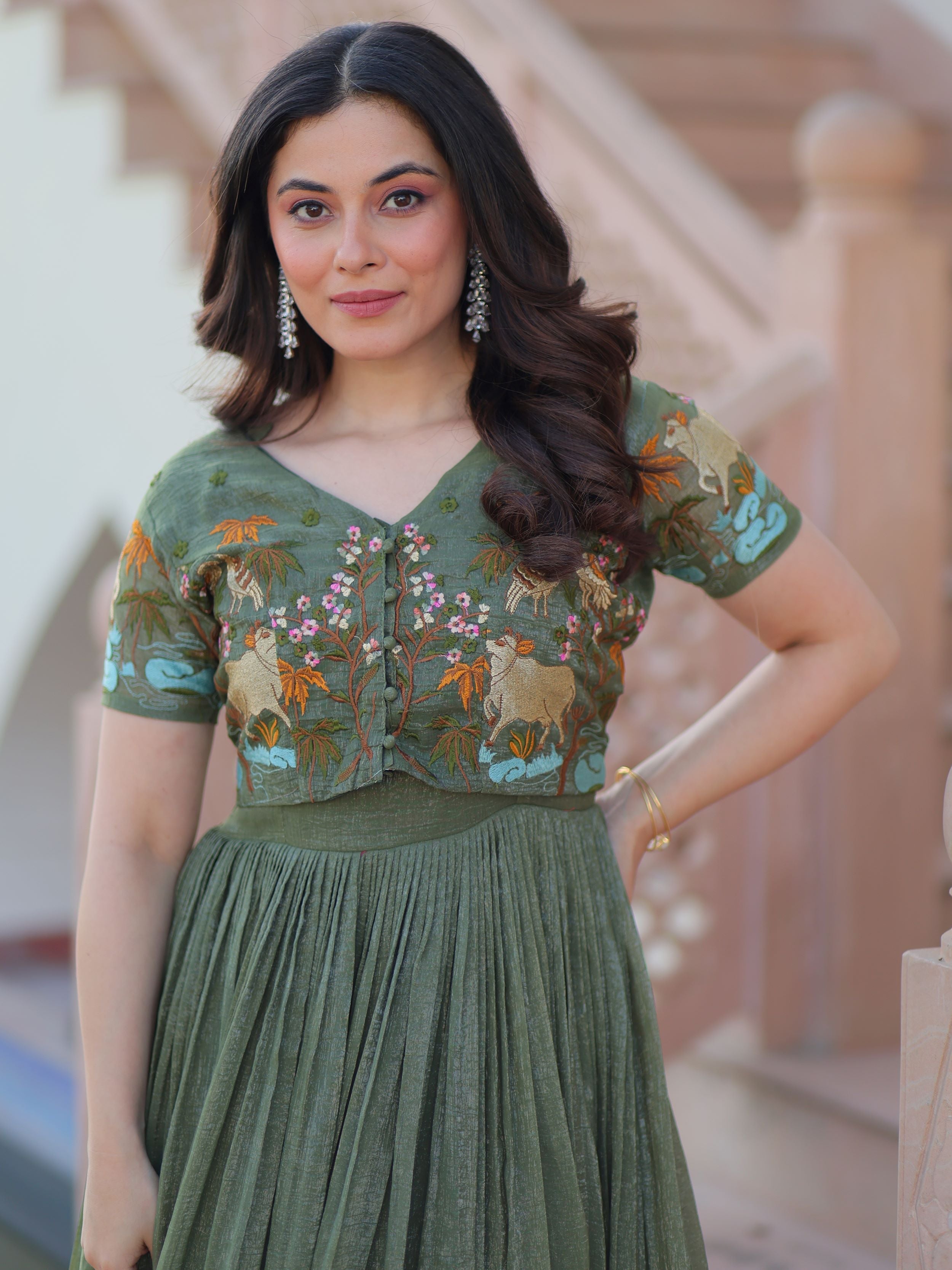 Olive green organza embroidered gown with koti