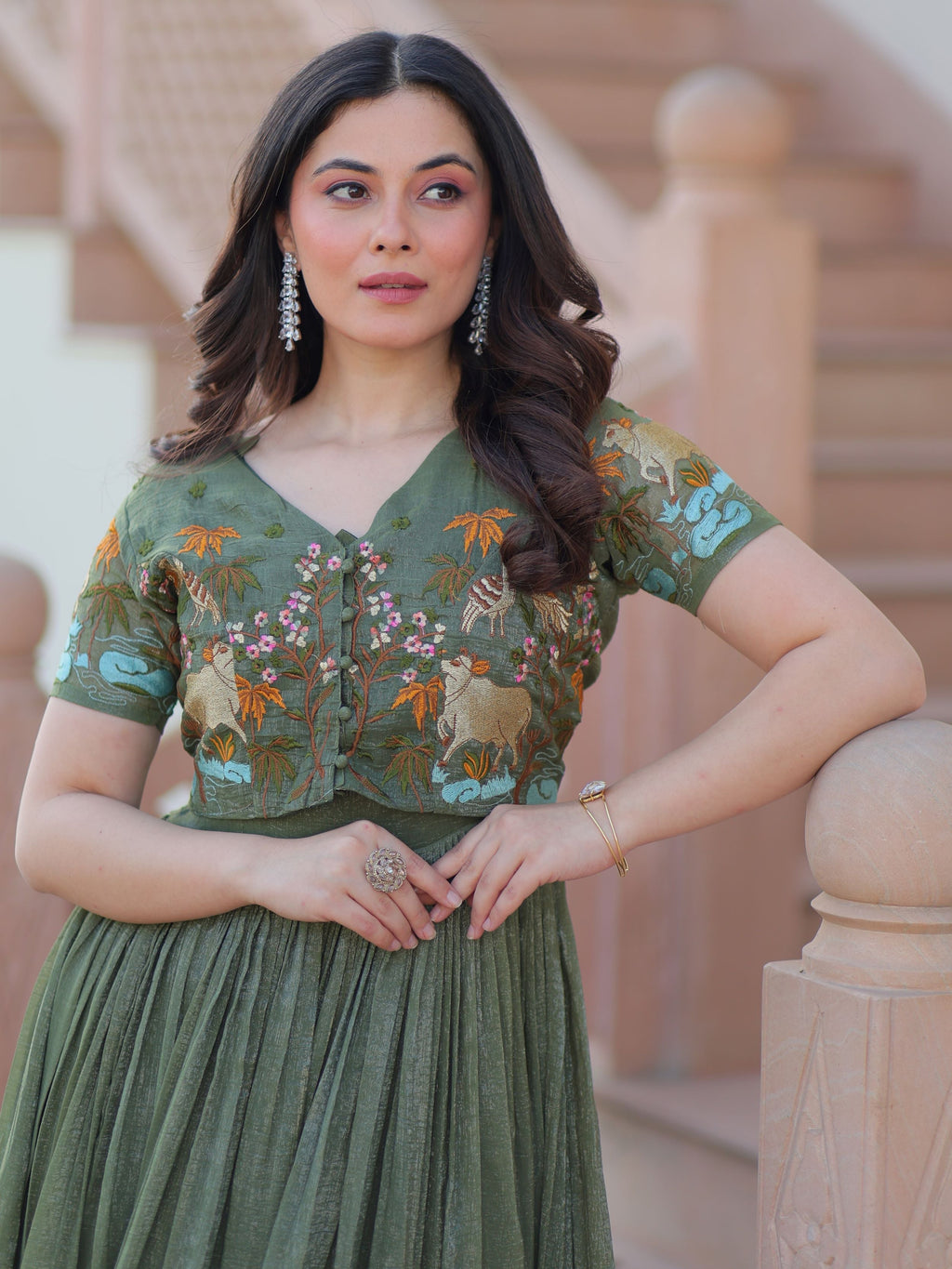 Olive green organza embroidered gown with koti