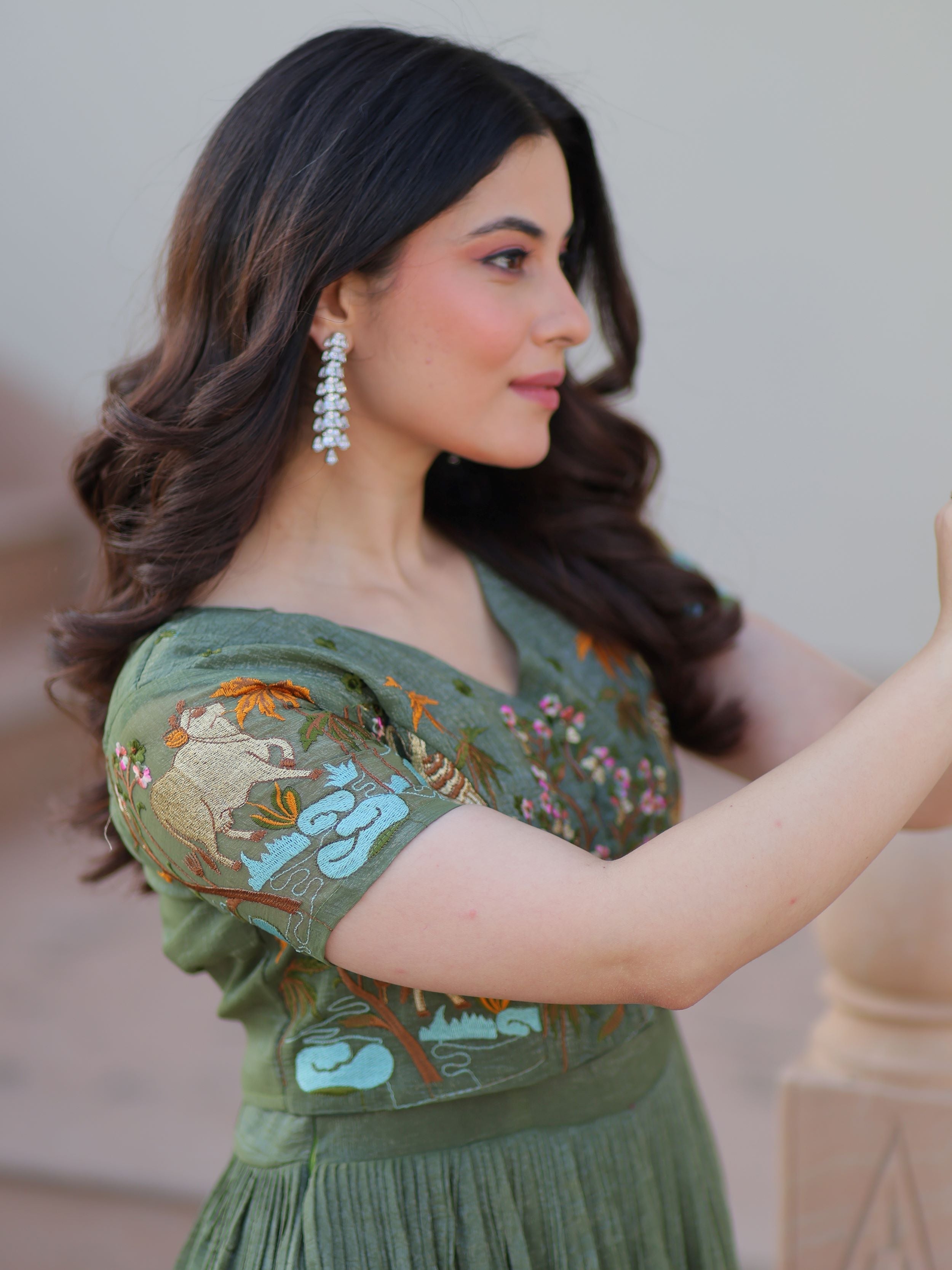 Olive green organza embroidered gown with koti