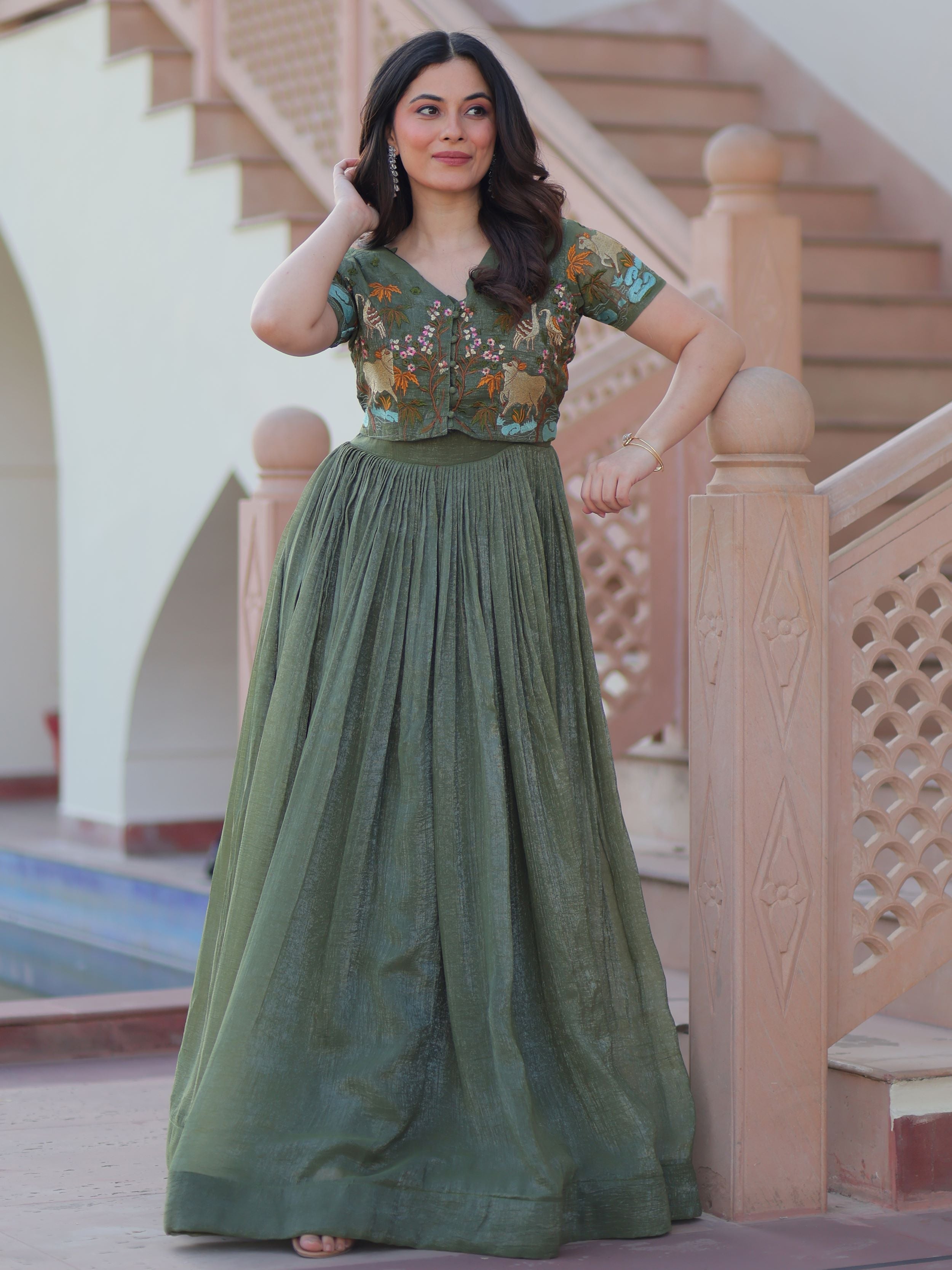 Olive green organza embroidered gown with koti