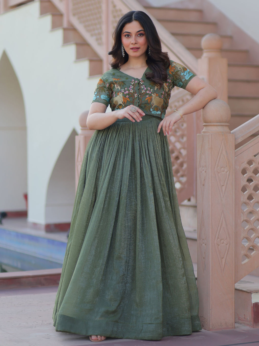 Olive green organza embroidered gown with koti