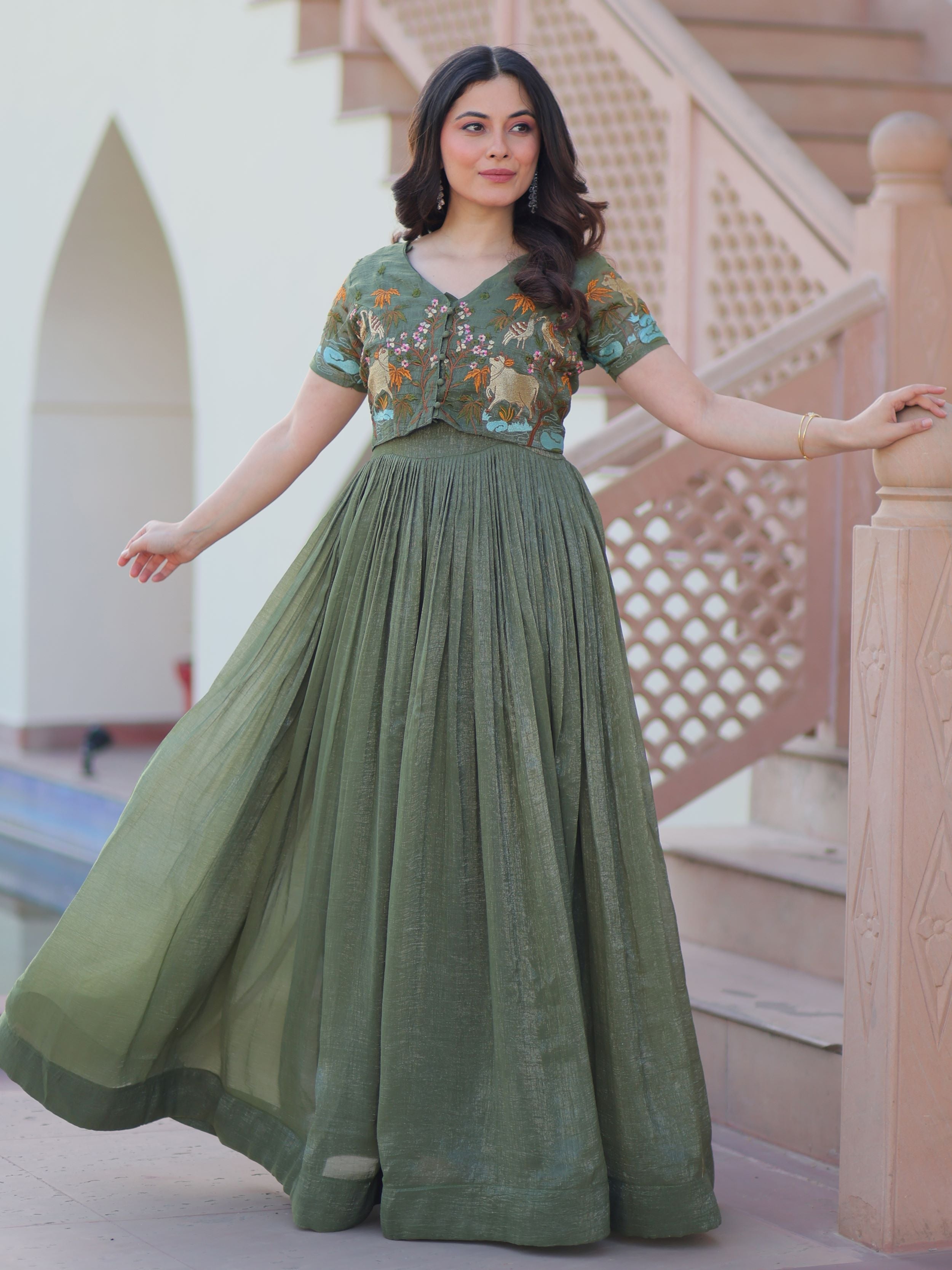Olive green organza embroidered gown with koti