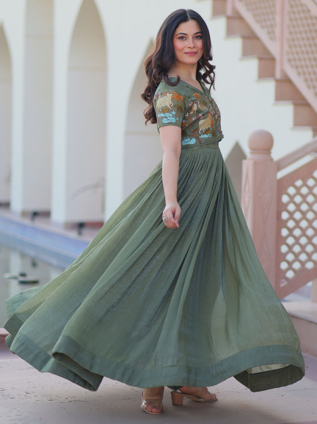 Olive green organza embroidered gown with koti