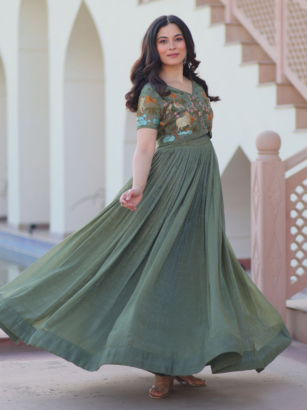 Olive green organza embroidered gown with koti