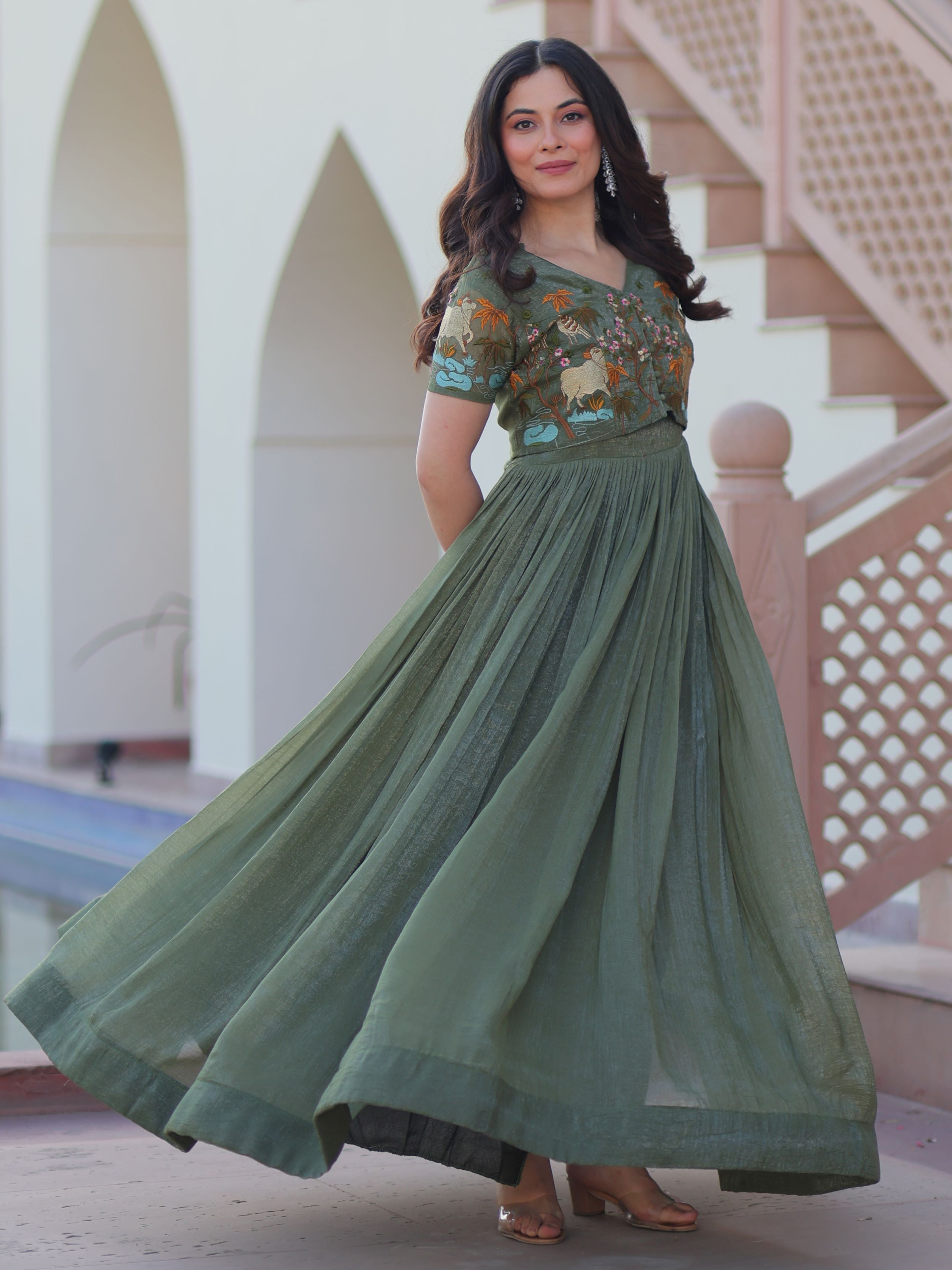 Olive green organza embroidered gown with koti