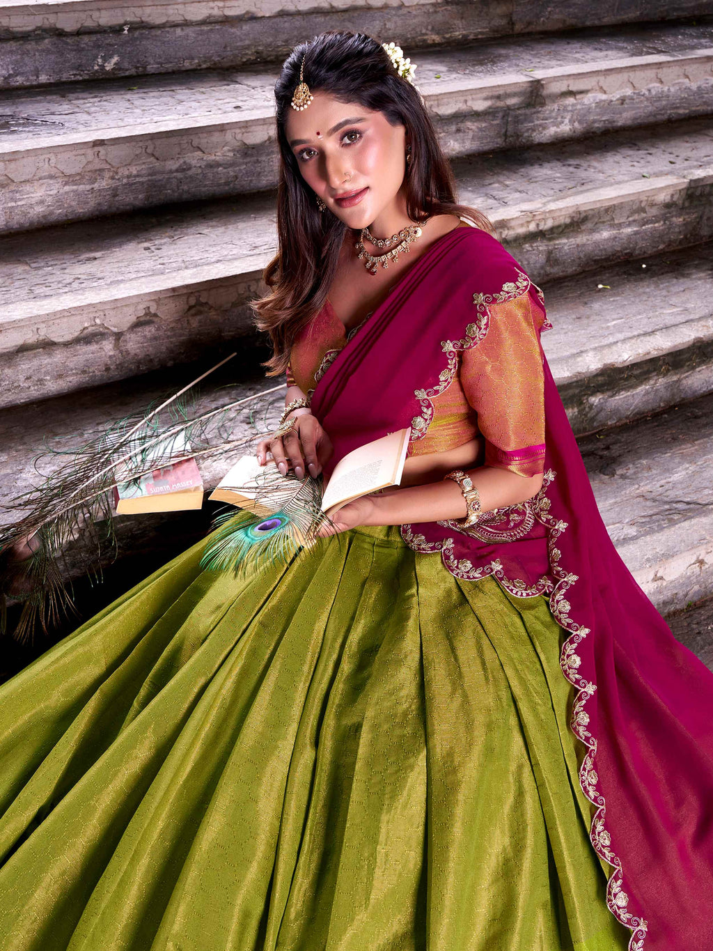 Olive Green Zari Weaving Sequins Embroidered Kanchipuram Silk Lehenga Choli