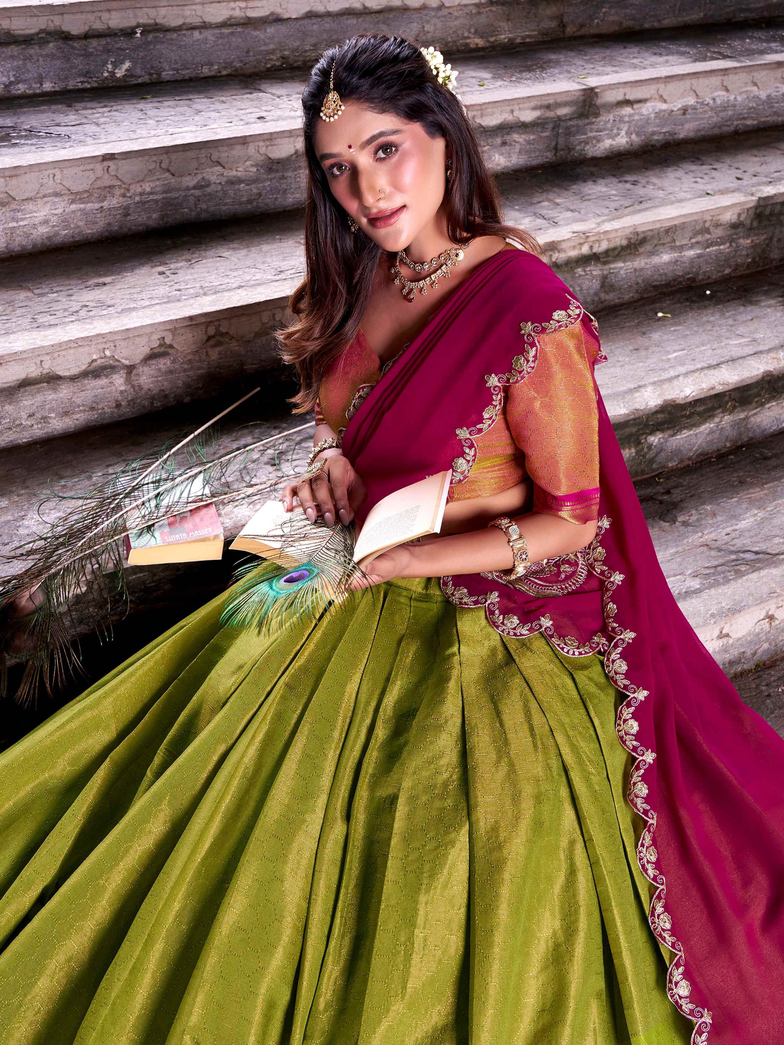 Olive Green Zari Weaving Sequins Embroidered Kanchipuram Silk Lehenga Choli