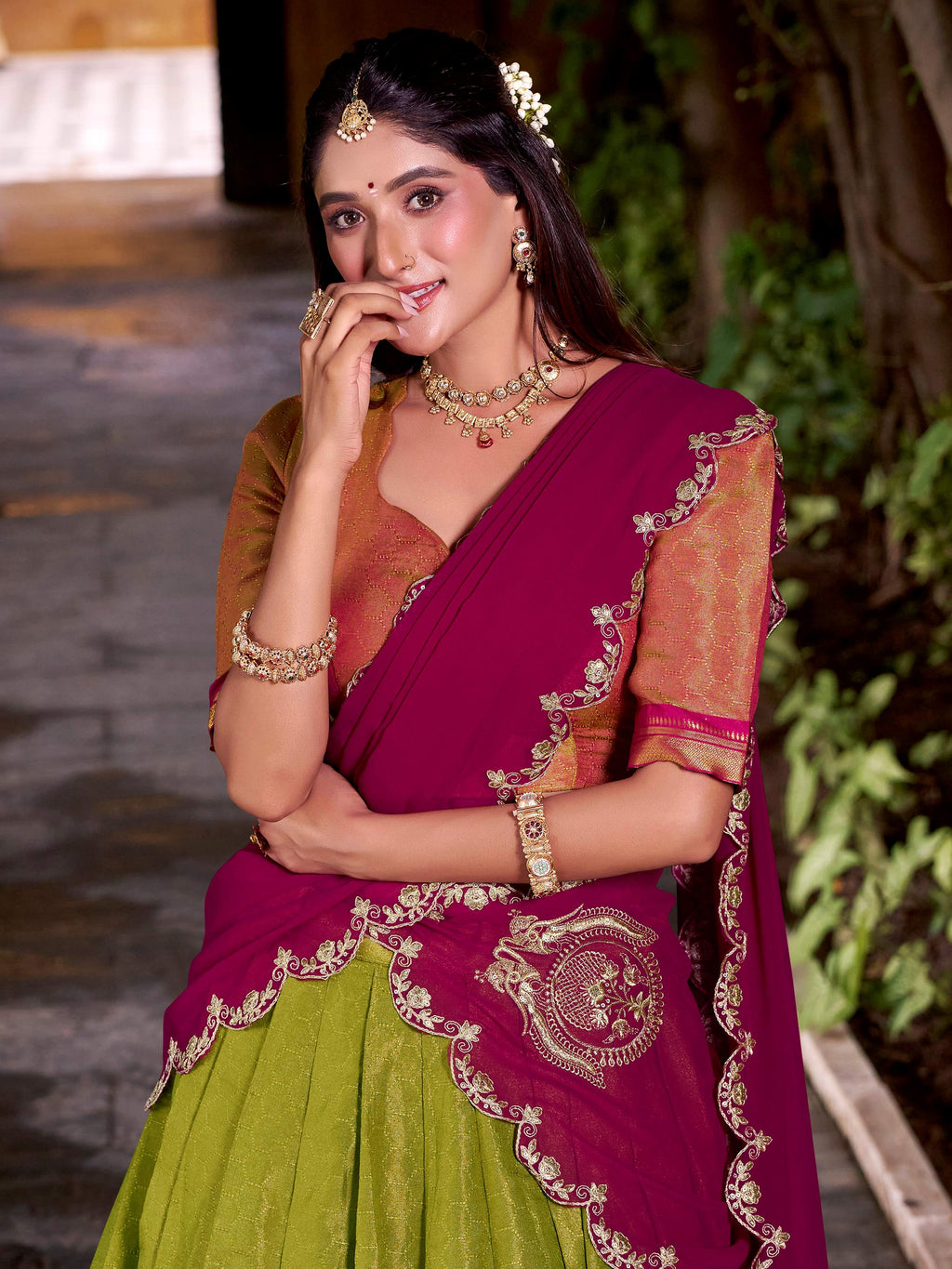 Olive Green Zari Weaving Sequins Embroidered Kanchipuram Silk Lehenga Choli