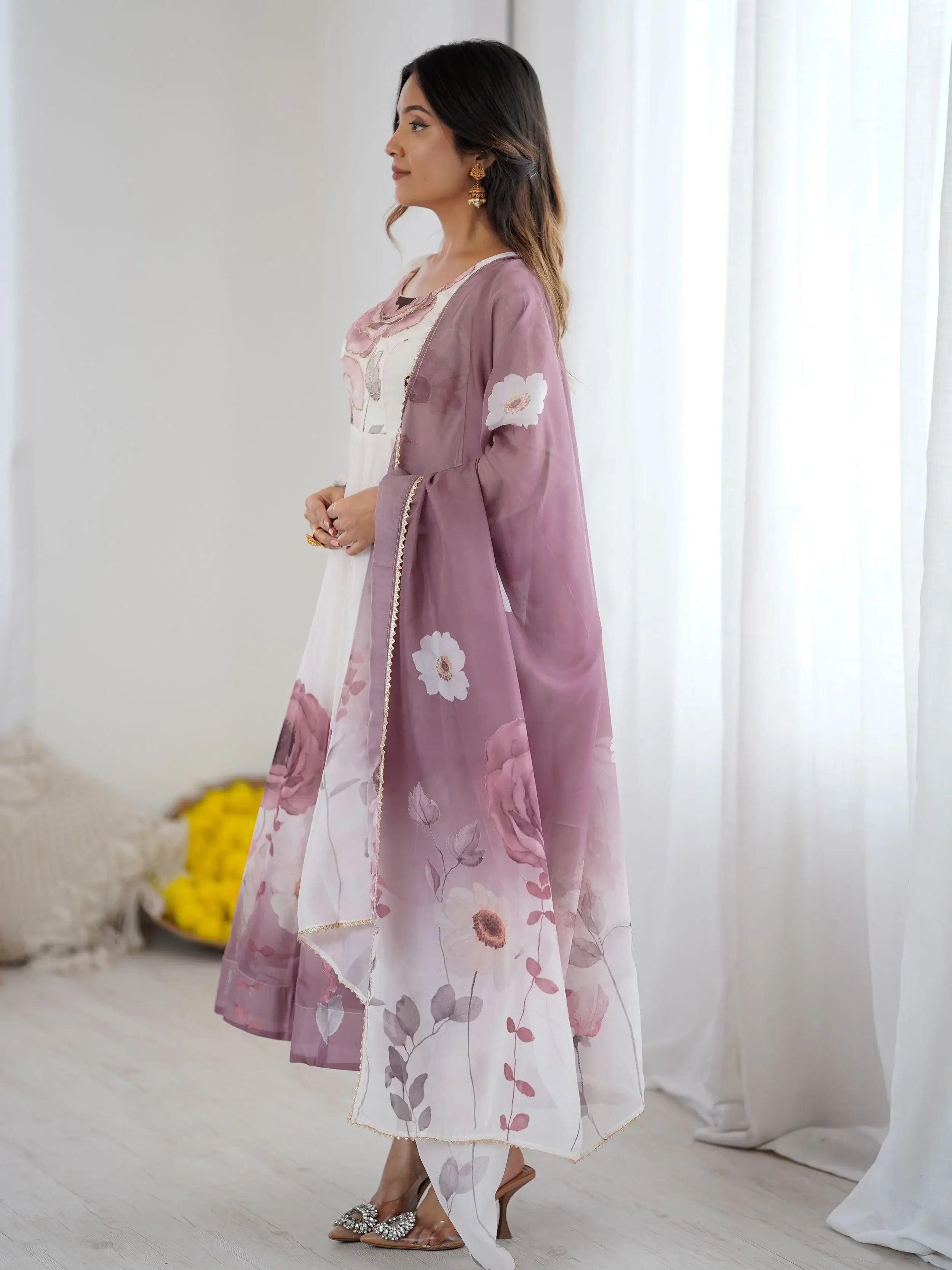 Onion pink pure organza silk floral Anarkali suit set