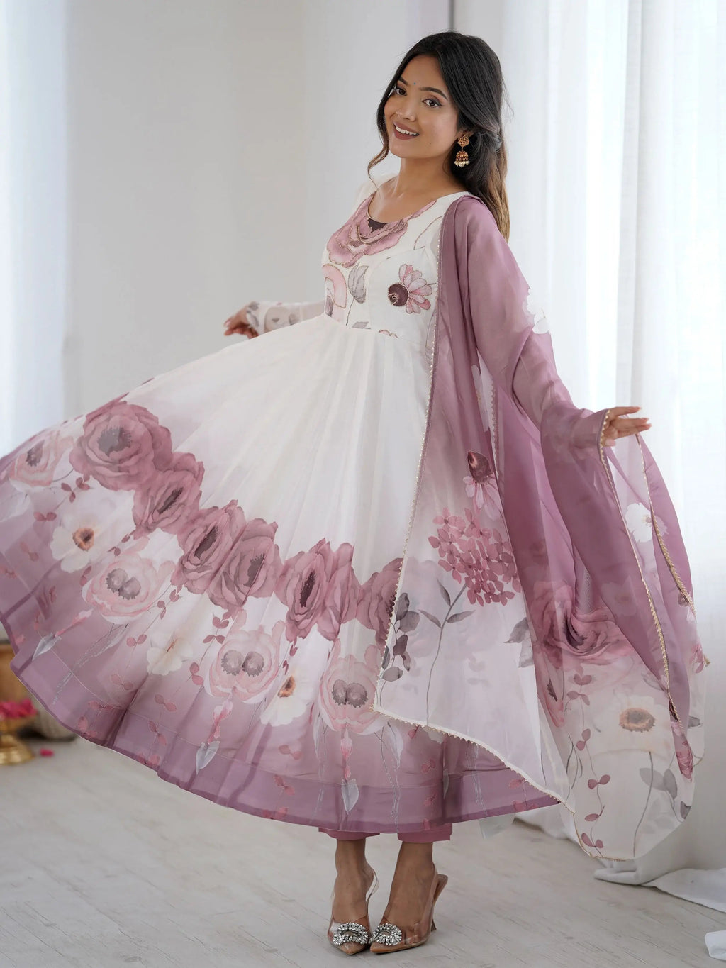 Onion pink pure organza silk floral Anarkali suit set