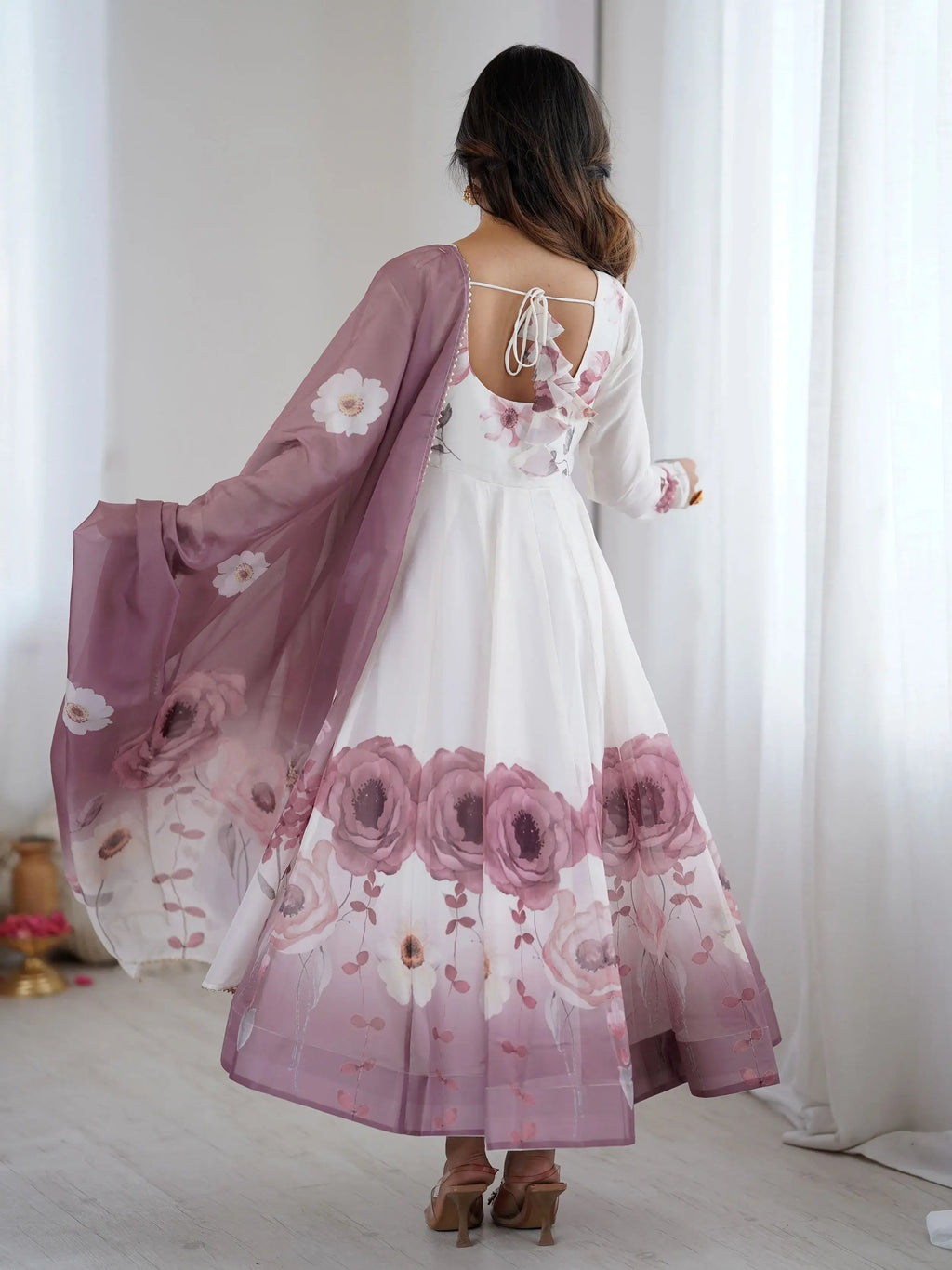 Onion pink pure organza silk floral Anarkali suit set