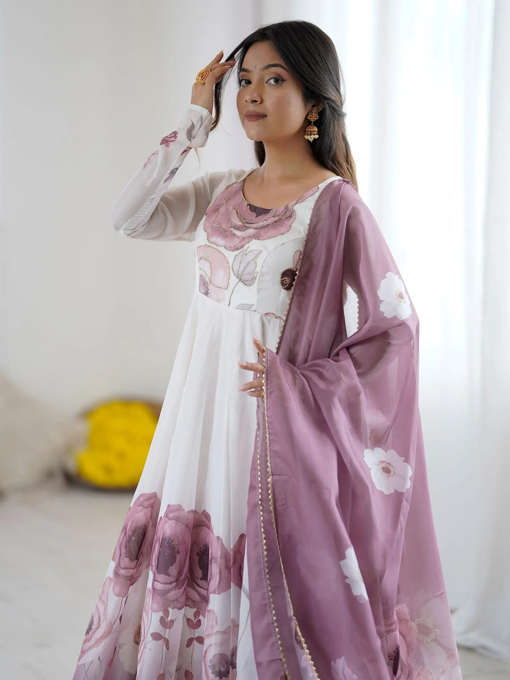 Onion pink pure organza silk floral Anarkali suit set