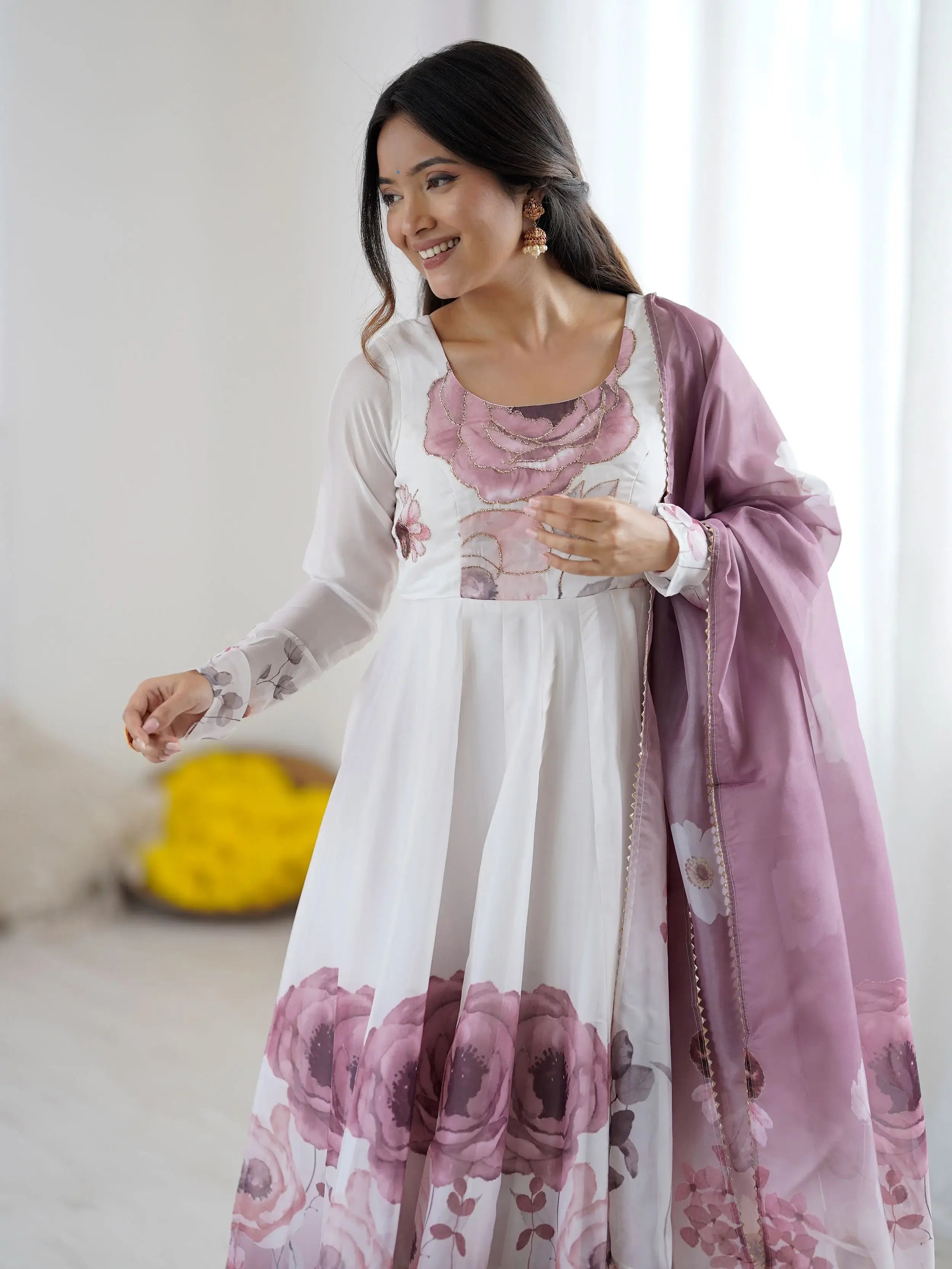 Onion pink pure organza silk floral Anarkali suit set