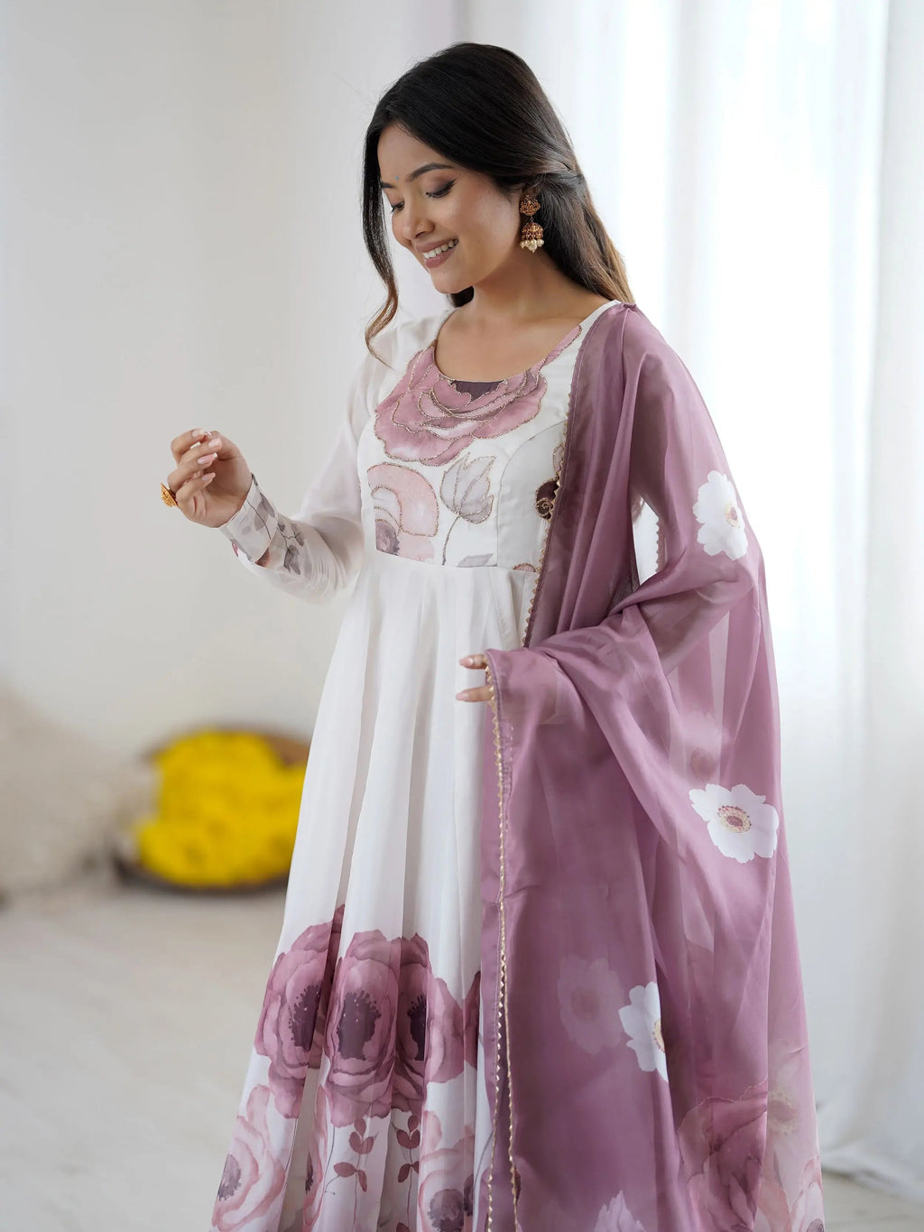 Onion pink pure organza silk floral Anarkali suit set