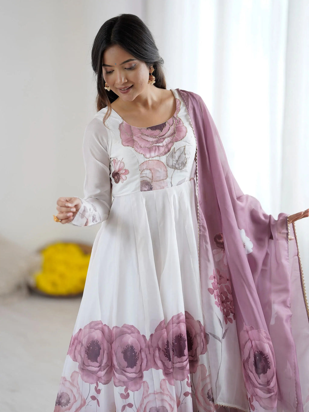 Onion pink pure organza silk floral Anarkali suit set
