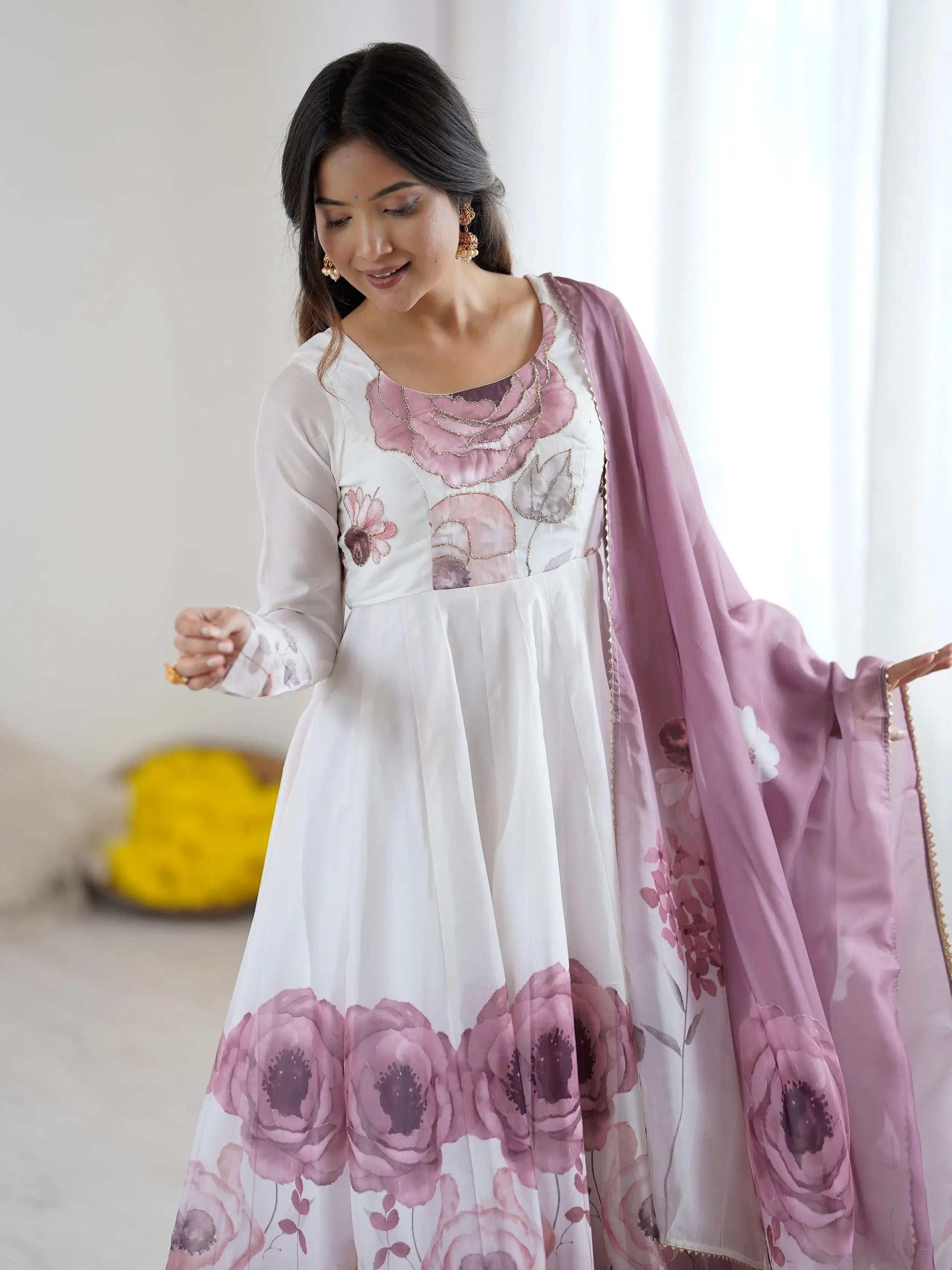 Onion pink pure organza silk floral Anarkali suit set
