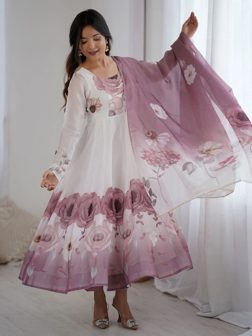 Onion pink pure organza silk floral Anarkali suit set