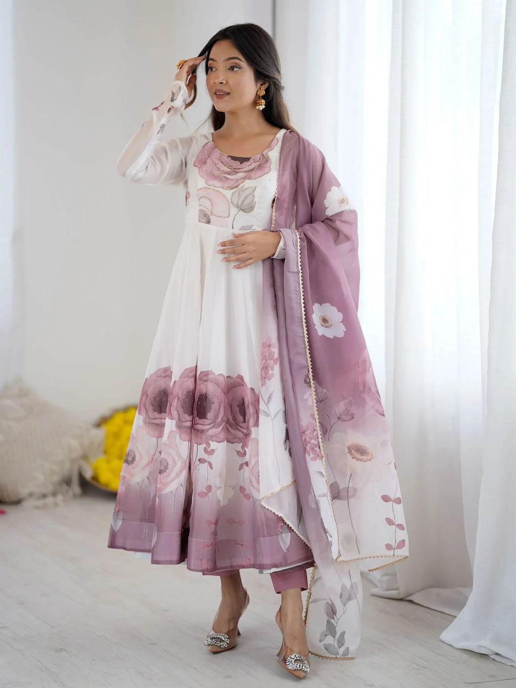 Onion pink pure organza silk floral Anarkali suit set