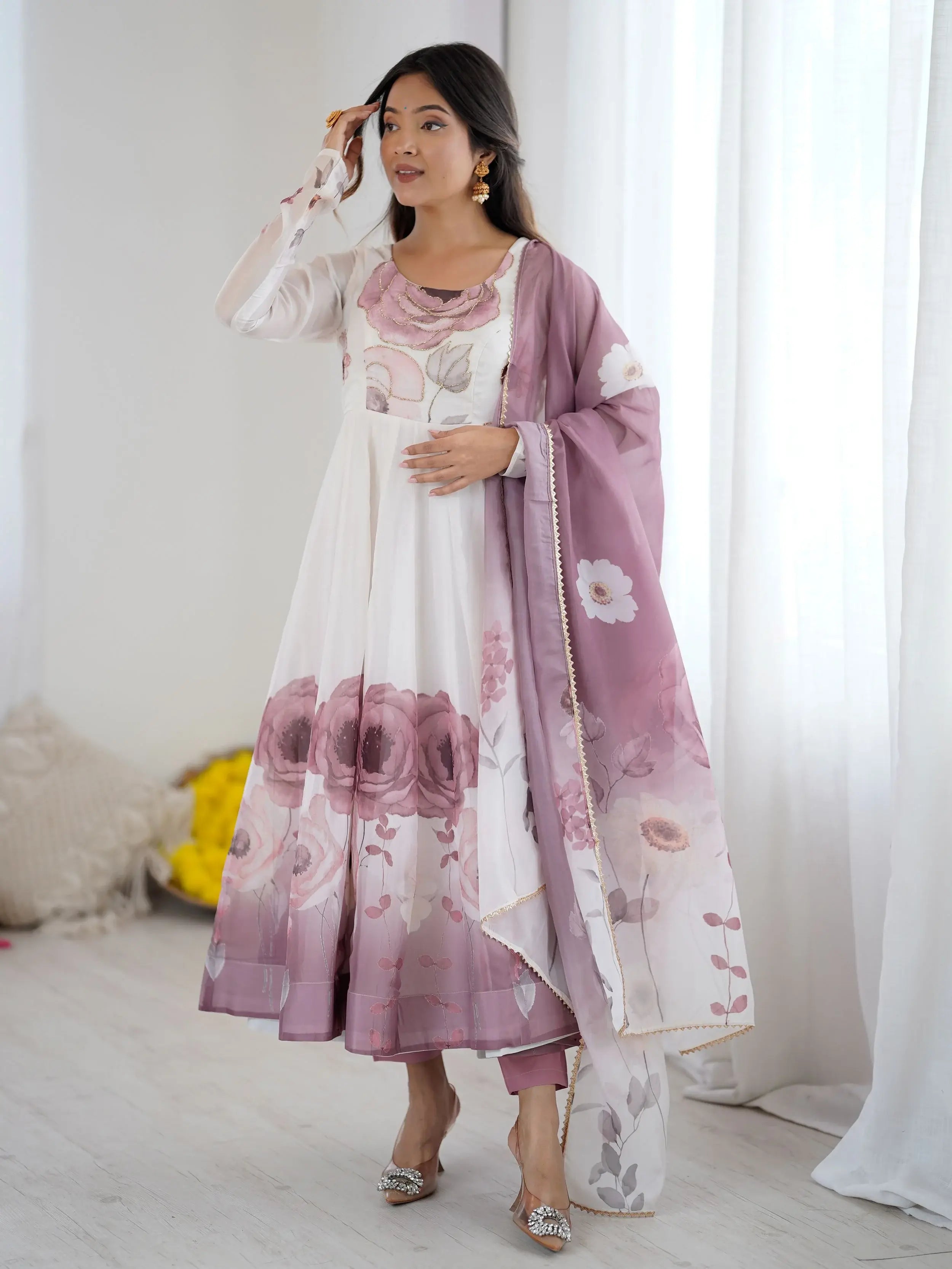 Onion pink pure organza silk floral Anarkali suit set