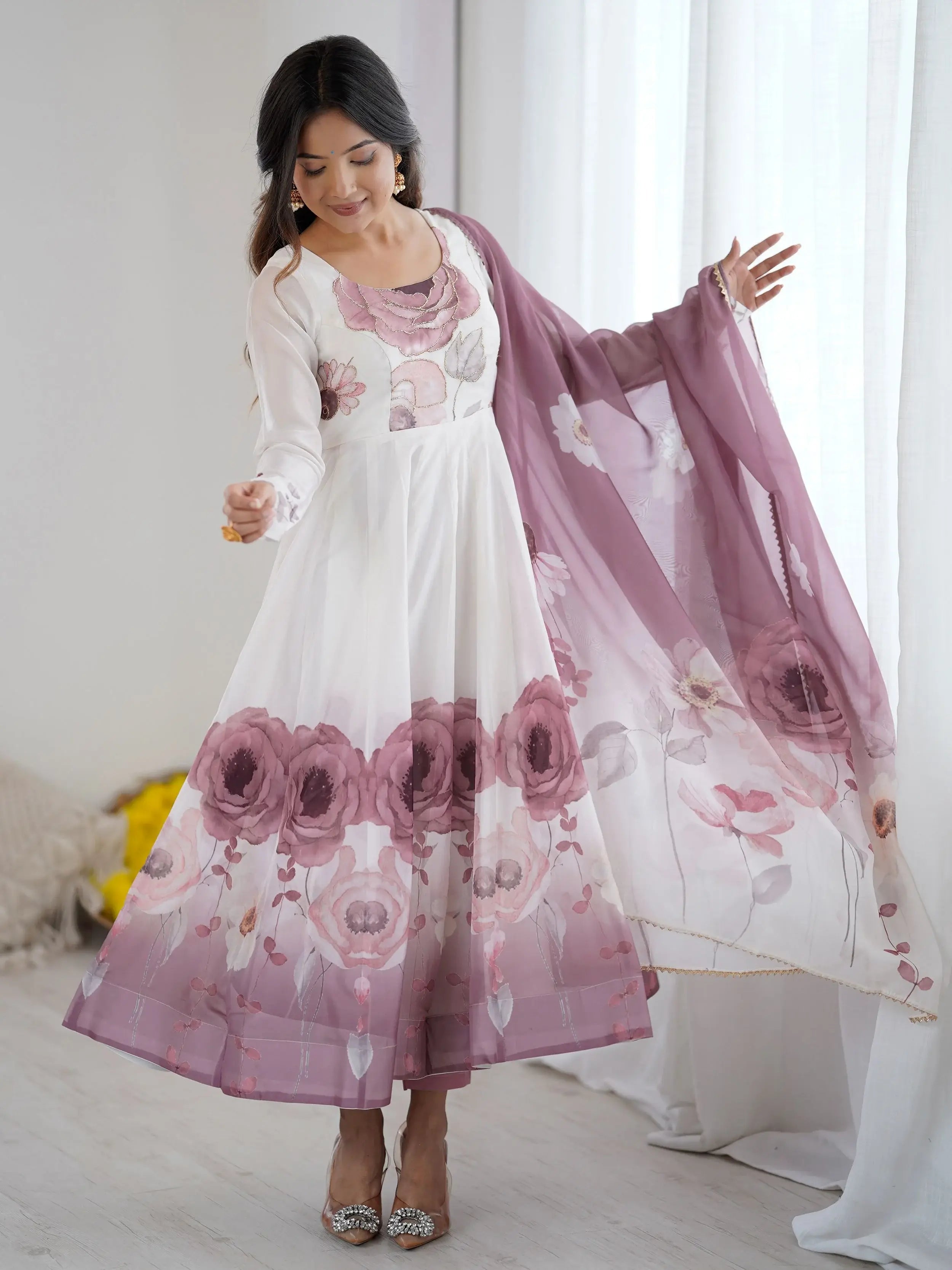Onion pink pure organza silk floral Anarkali suit set