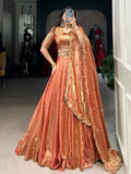 Orange fendi embroidered lehenga choli with sequins thread work dupatta