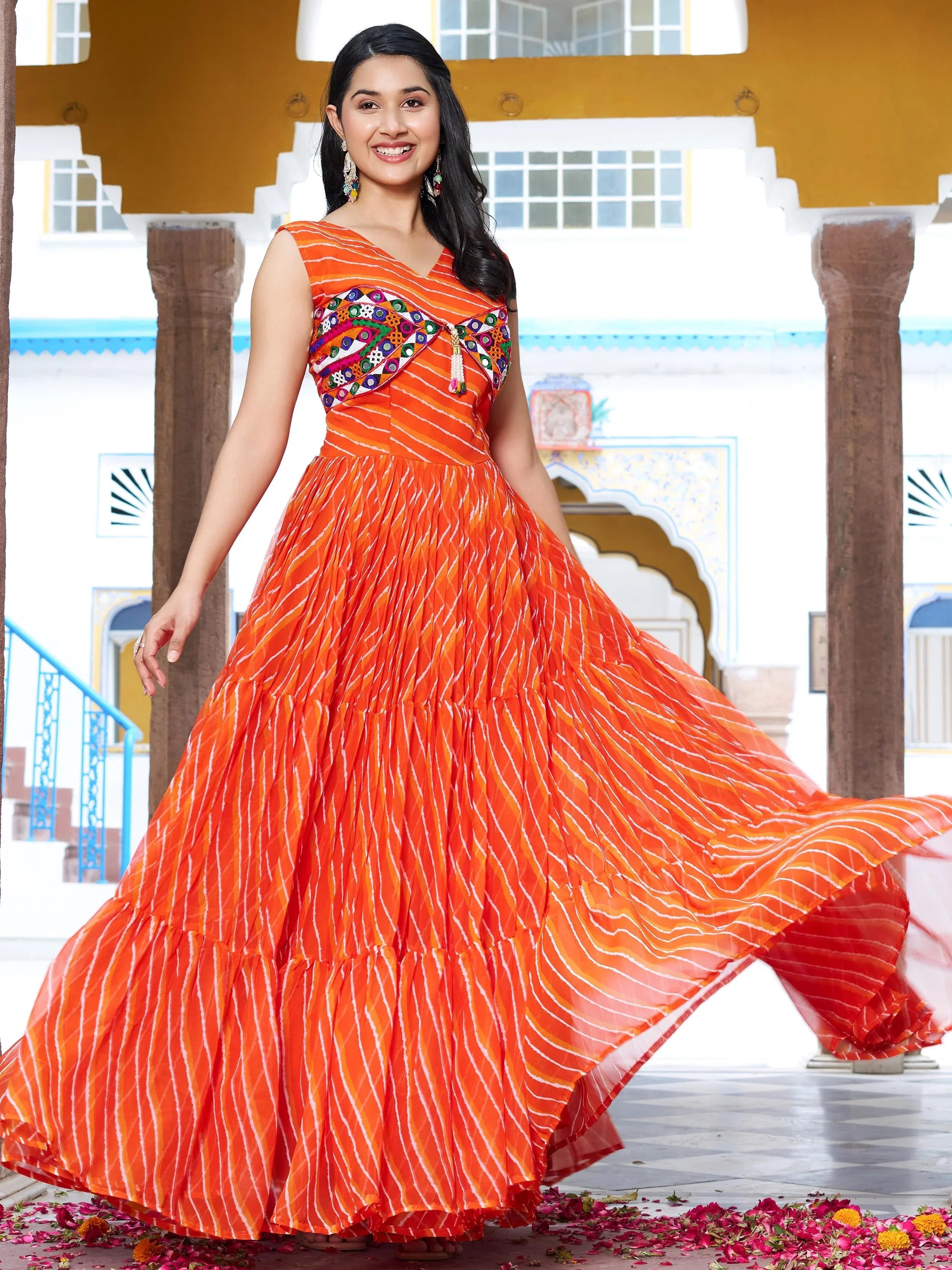 Orange georgette Bandhani print real mirror Gamthi work gown