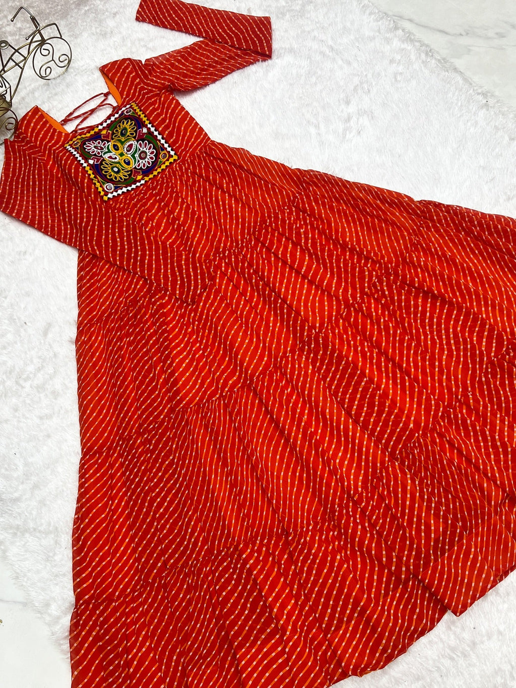 Manvitha orange georgette Leheriya printed Navratri gown